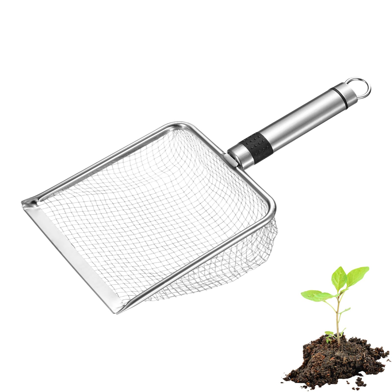M METERXITY 1-Pack Gardening Soil Sifter, 4.3 mm Mesh Stainless Steel Sand Soil Compost Sieve with Stainless Steel Handle for Sand/Dirt/Rock Compost, Screen Potting Scoop [Silver Tone]