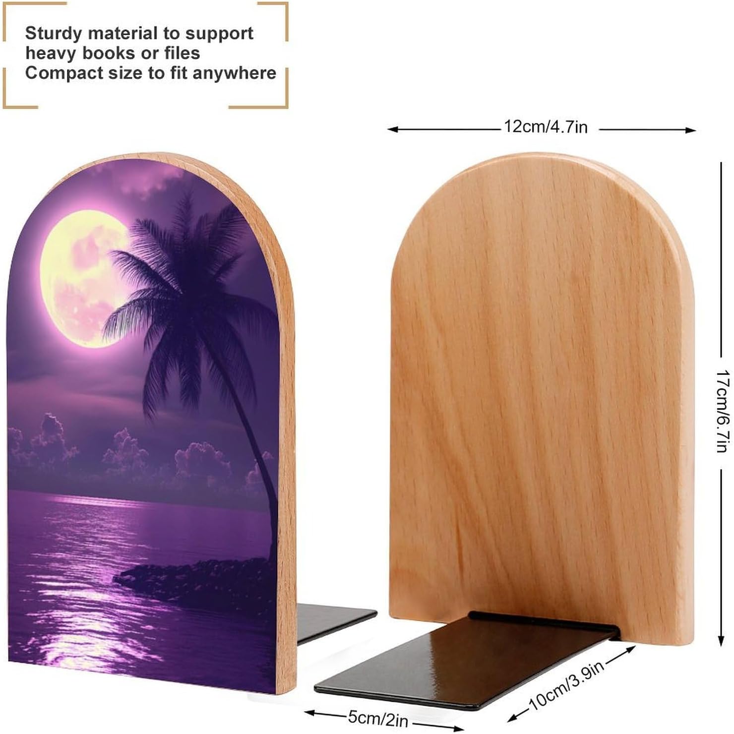 Purple Ocean Moon Palm Tree Cute Wood Book Ends Decorative Bookends 1 Pair Non-Skid for Shelves Home Office 7 X 5 Inch
