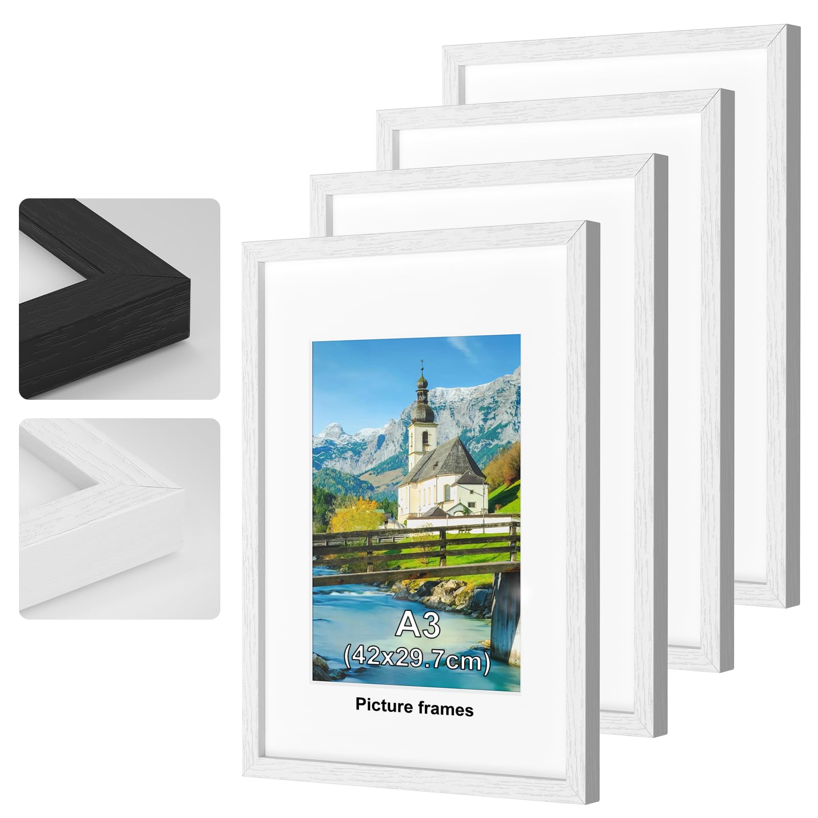 4Pack A3 Picture Frame, White Wooden Picture Frames, with A4 Mat Photo Frame with Perspex Glass