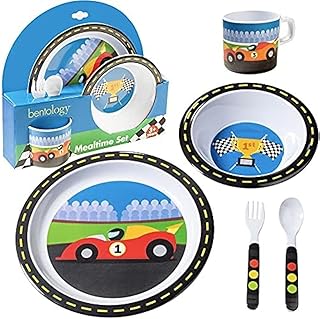 5 Pc Mealtime Feeding Set for Kids and Toddlers - Racecar - Includes Plate, Bowl, Cup, Fork and Spoon Utensil Flatware - Durable, Dishwasher Safe, BPA Free - Gift For Parents