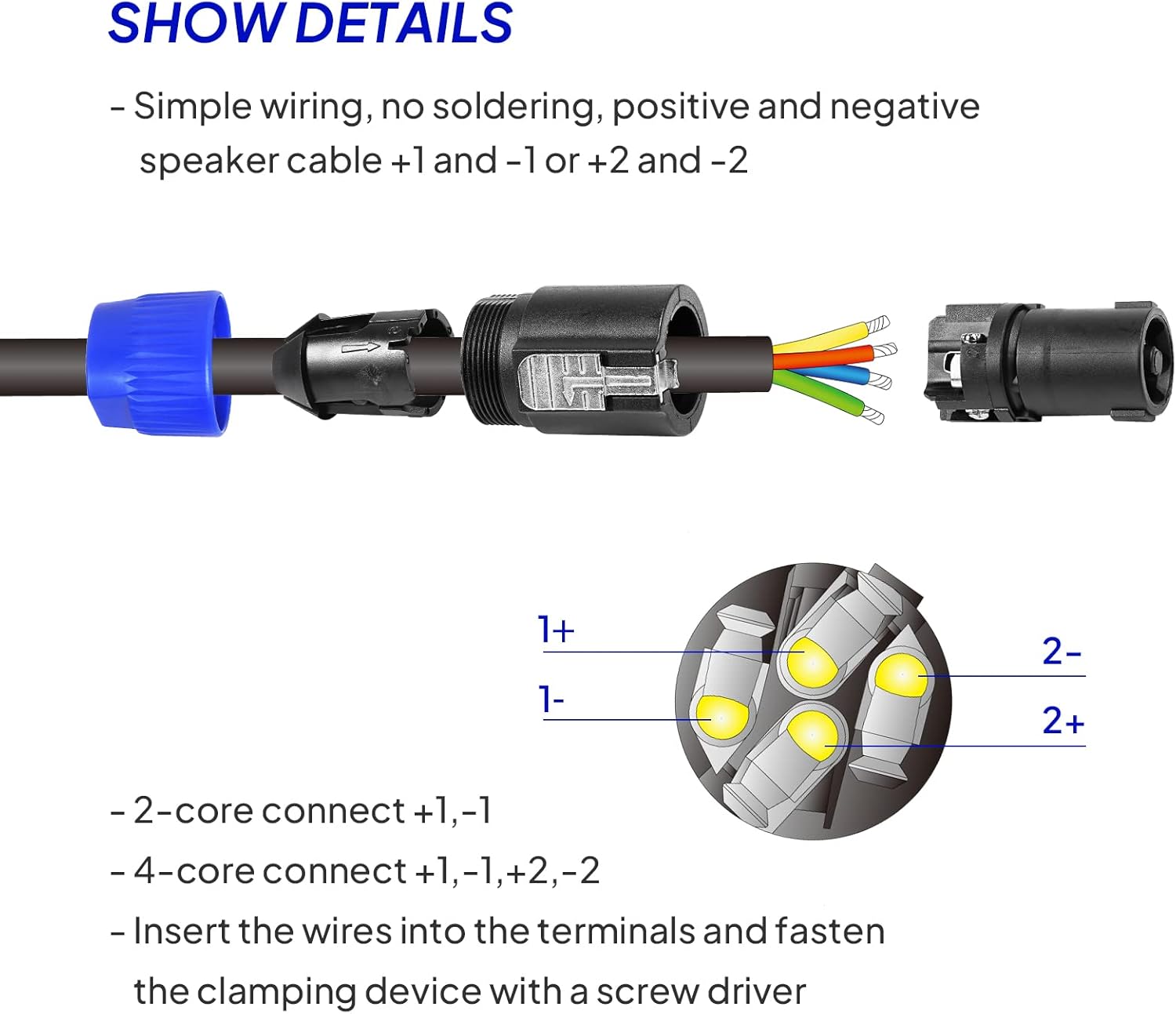 Pack of 8 NL4FC Speakon Connectors, 8pcs 4 Pole Speak-ON Connector with Twist Lock, Compatible NL4FX, NLT4X, NL2FC Adapter for Amplifier to Speaker Interconnect Plug (Blue)