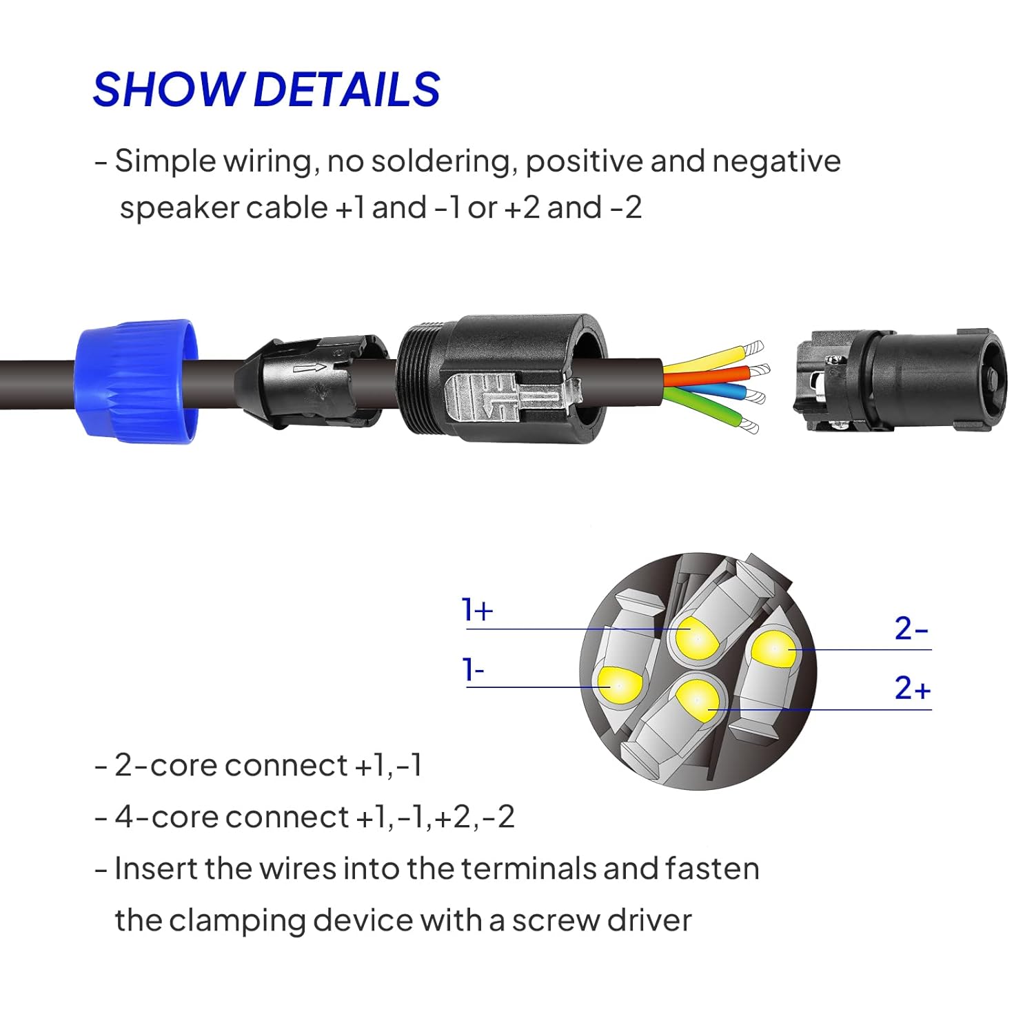 Pack of 20 Speakon Connectors, 4 Pole NL4FC Connector with Twist Lock, Compatible NL4FX, NL4MP, NL2FC, NL4 Series Plug for Stage, Speaker, PA, DJ, Audio Interconnection - Blue & Orange