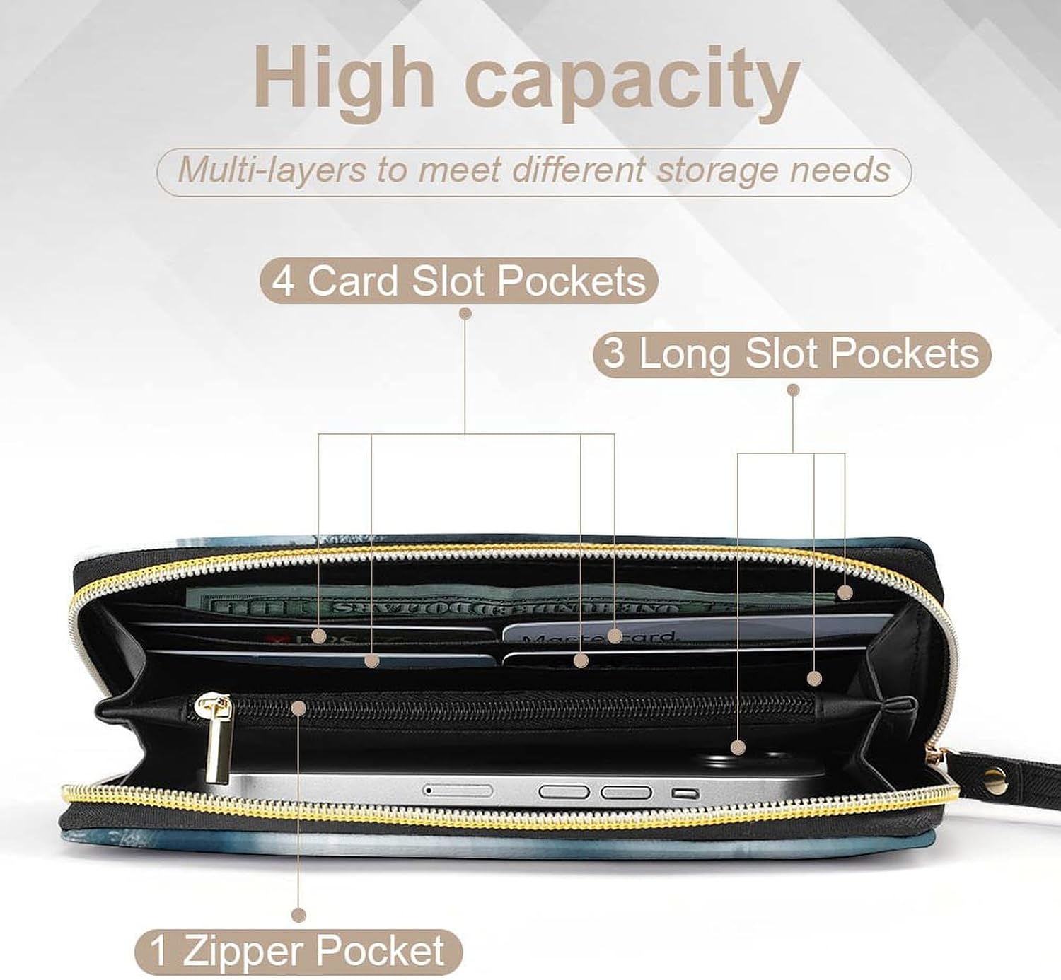Womens Wallet Foggy Mountains Landscape Printed Wristlet Wallets for Women Large Capacity Credit Card Holder Ladies Phone Clutch Leather Zip Around Clutch Wallet