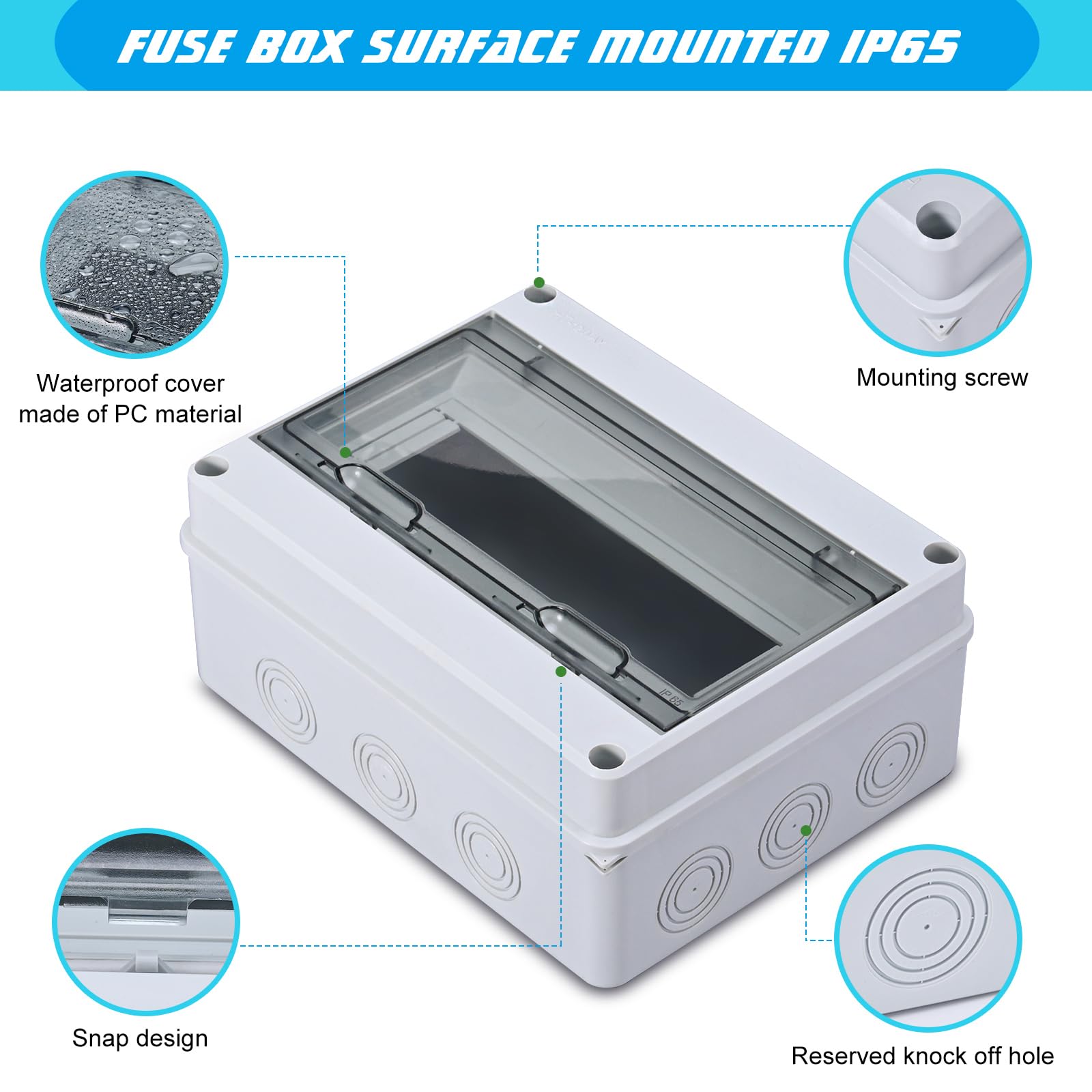 Caja de distribución de montaje superficial, caja de seguridad impermeable IP65, ideal para jardines o áreas exteriores, cumple con los estándares de espacios húmedos (8módulos)