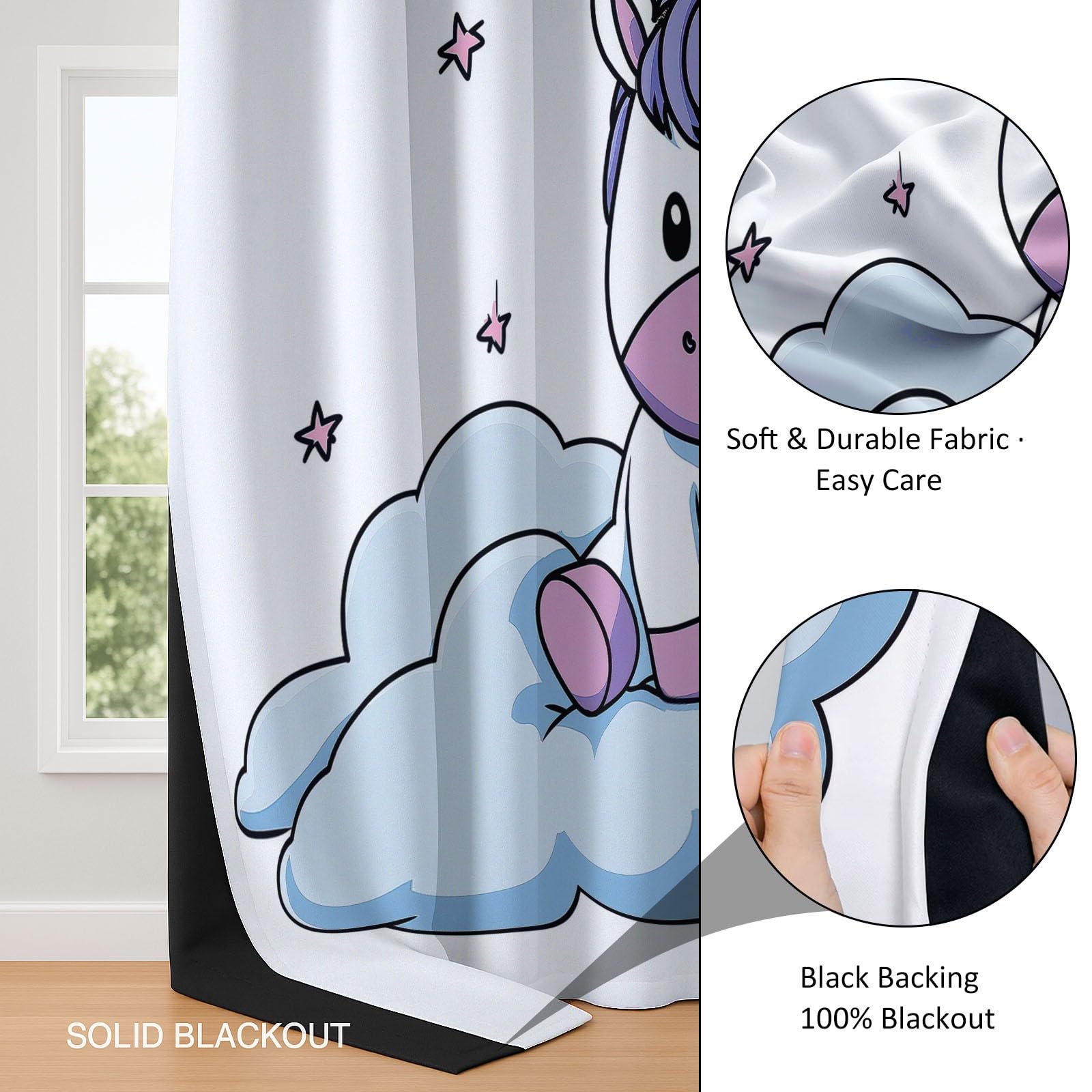 Rideau Occultant Salon Blanc Thermique Isolant Anti Froid Polyester 2 Pièces L140 x H160 cm Rideaux de Fenêtre Dessin Animé Animal Licorne pour Chambre Enfant Cuisine Décoration