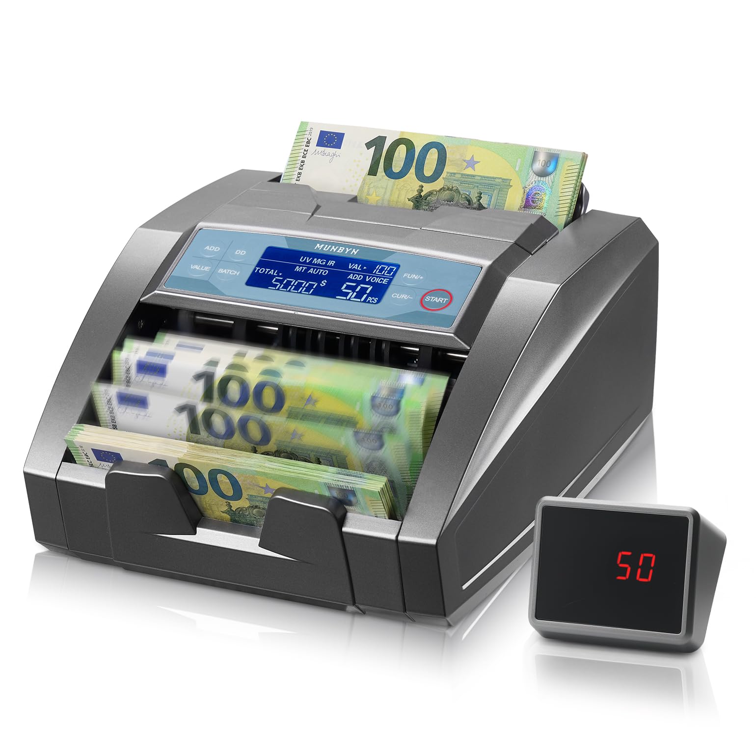 MUNBYN IMC27 Contador de Billetes con Conteo De Valor, Detector De Billetes Falsos UV/MG/IR/MT, Máquina De Contar Billetes para Euro Y USD, Modo Add/Batch, 1300 Bill/Min, Garantía De 2 Años