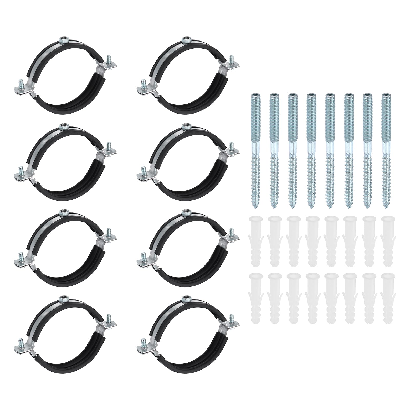 sourcing map 8 Set Split Ring Pipe Hanger 3-9/16" (90mm) Galvanized Steel Sheet Wall Ceiling Mount Adjustable Pipe Bracket Clamp with Screw and Expansion Tube for Plumbing HVAC (M8)