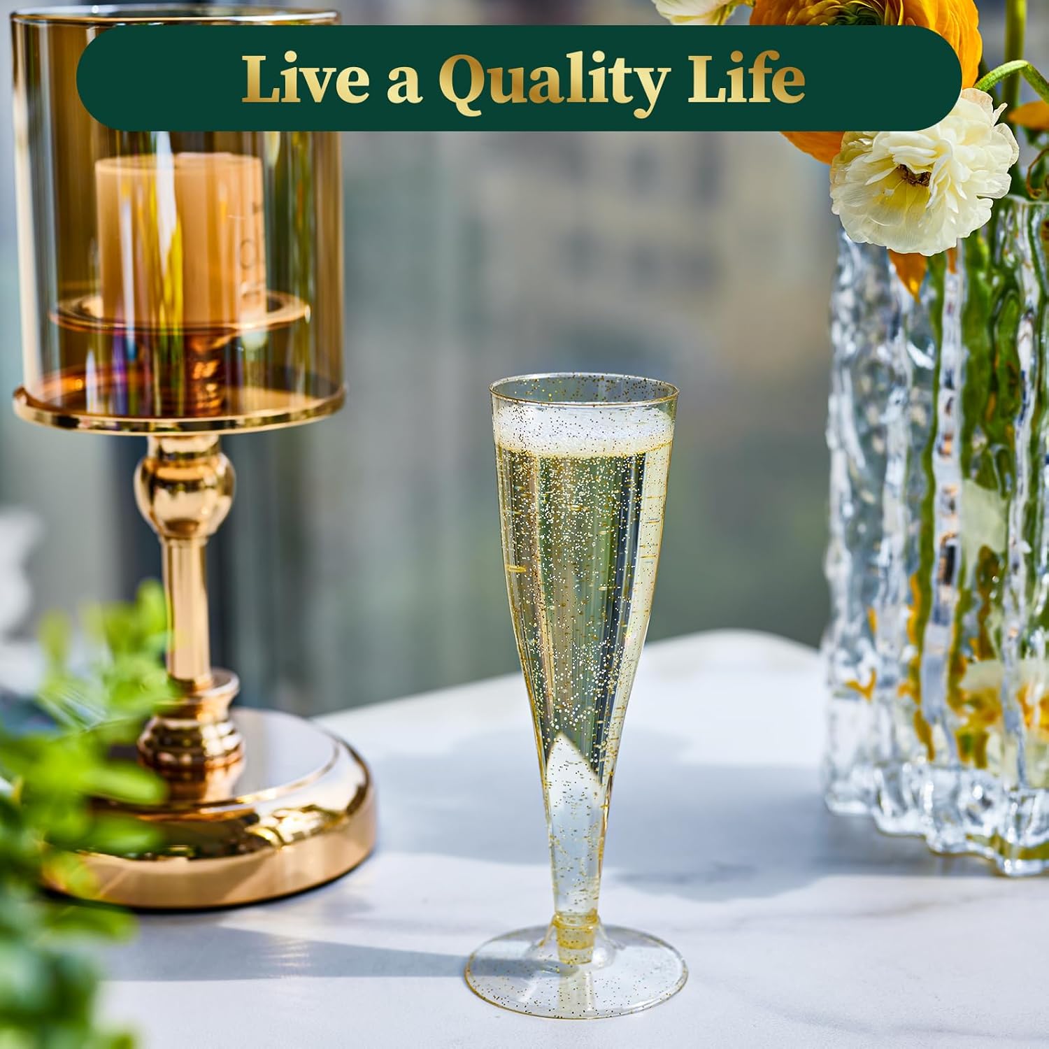 FOCUSLINE 100 Pack Plastic Champagne Flutes, 4.5 Oz Gold Glitter Plastic Champagne Glasses, Disposable Clear Toasting Glasses Recyclable Cups for Wedding Party - Image 6