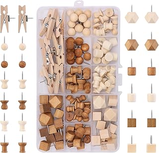 Wood Push Pins, 114 Pcs Decorative Thumb Tacks Wooden Head Pin Wood Map Tacks Marking Pin（2 Colors and 7 Types）, Wood Thumb Tacks Decorative for Bulletin Boards Craft Projects with Storage Box