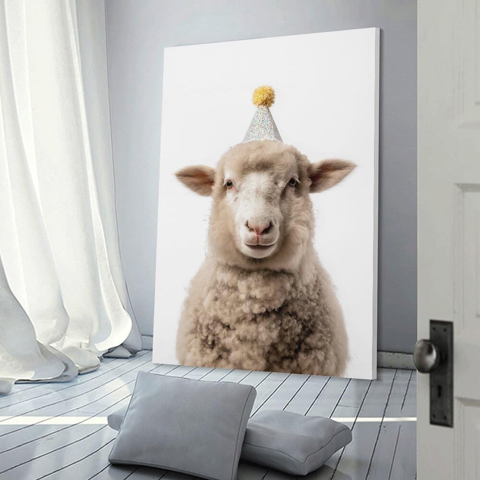 Junmoney Cute Sheep with Party Hat Canvas Wall Decor 24x36inch(60x90cm), for Corridors, Hallways Or Apartment Entries, A Stylish Accent for Home Entrances