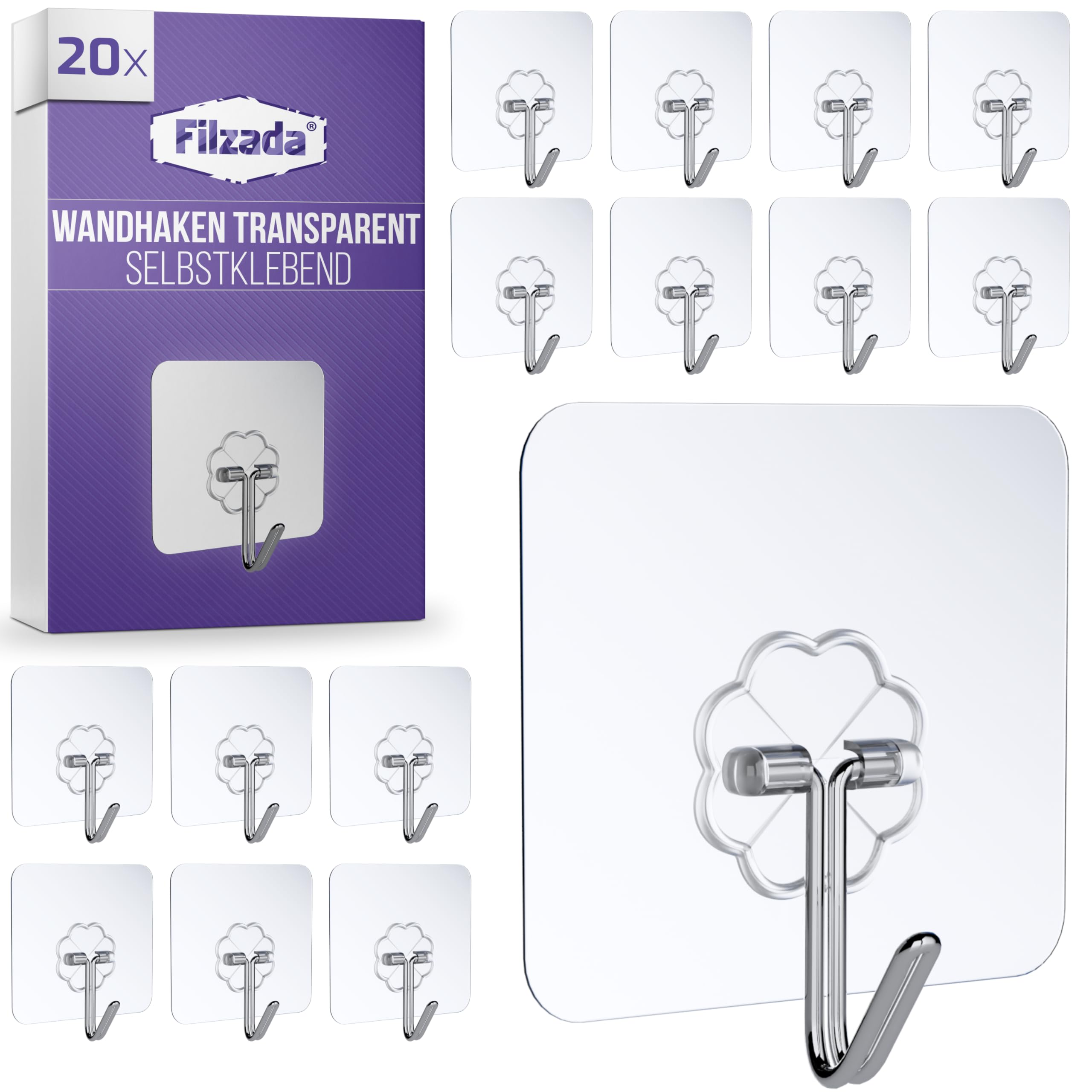 Filzada® 20x Klebehaken Extra Stark - bis 10kg- Haken Selbstklebend 60x60 mm - Transparente Haken - Klebehaken Transparent für Bad, Küche und mehr - Wandhaken Selbstklebend - Aufhänger
