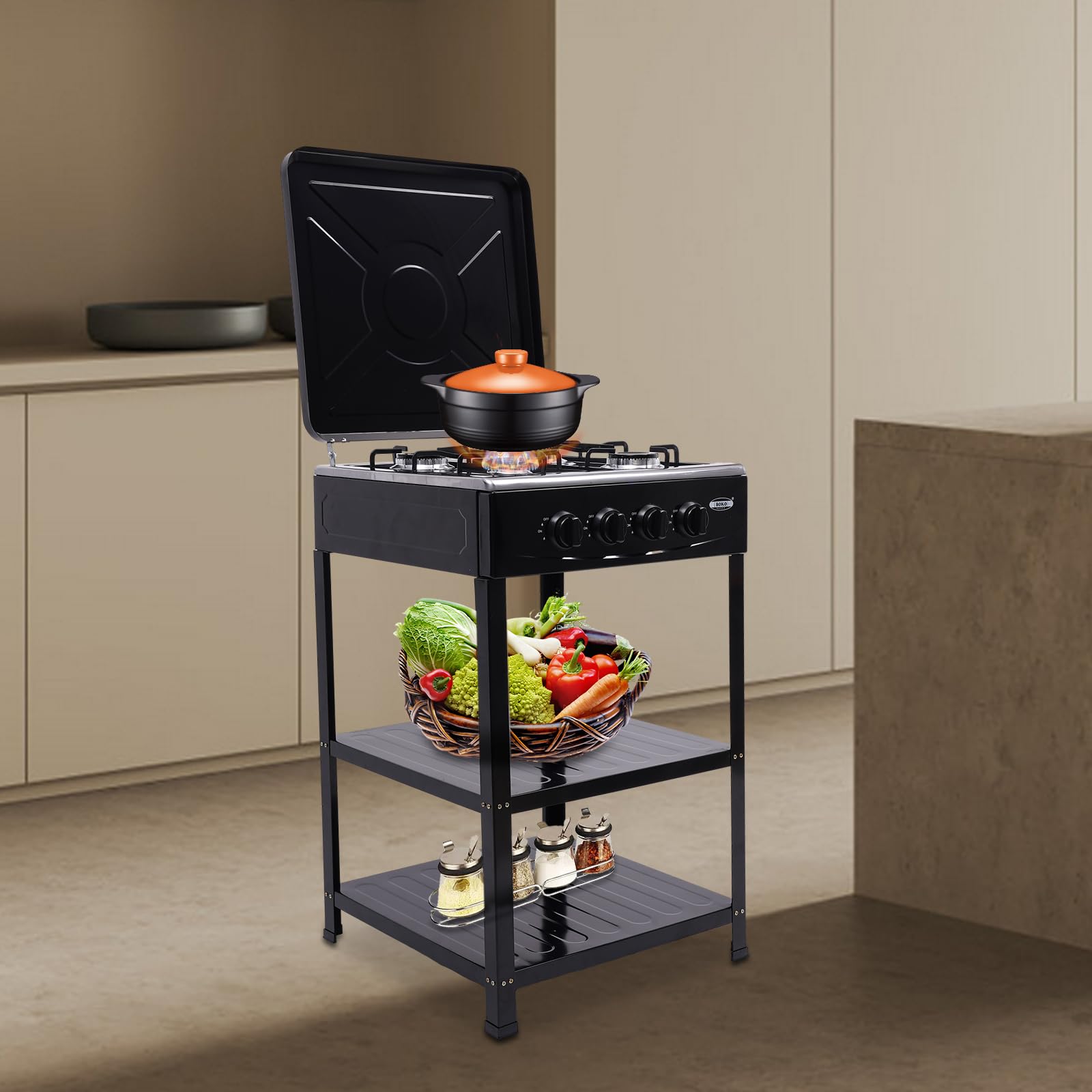Hornillo de gas 4 fuegos estufa de gas camping negro doble soporte de almacenamiento tamaño 49x49x79cm adecuado para acampar en chimeneas y cocinas exteriores