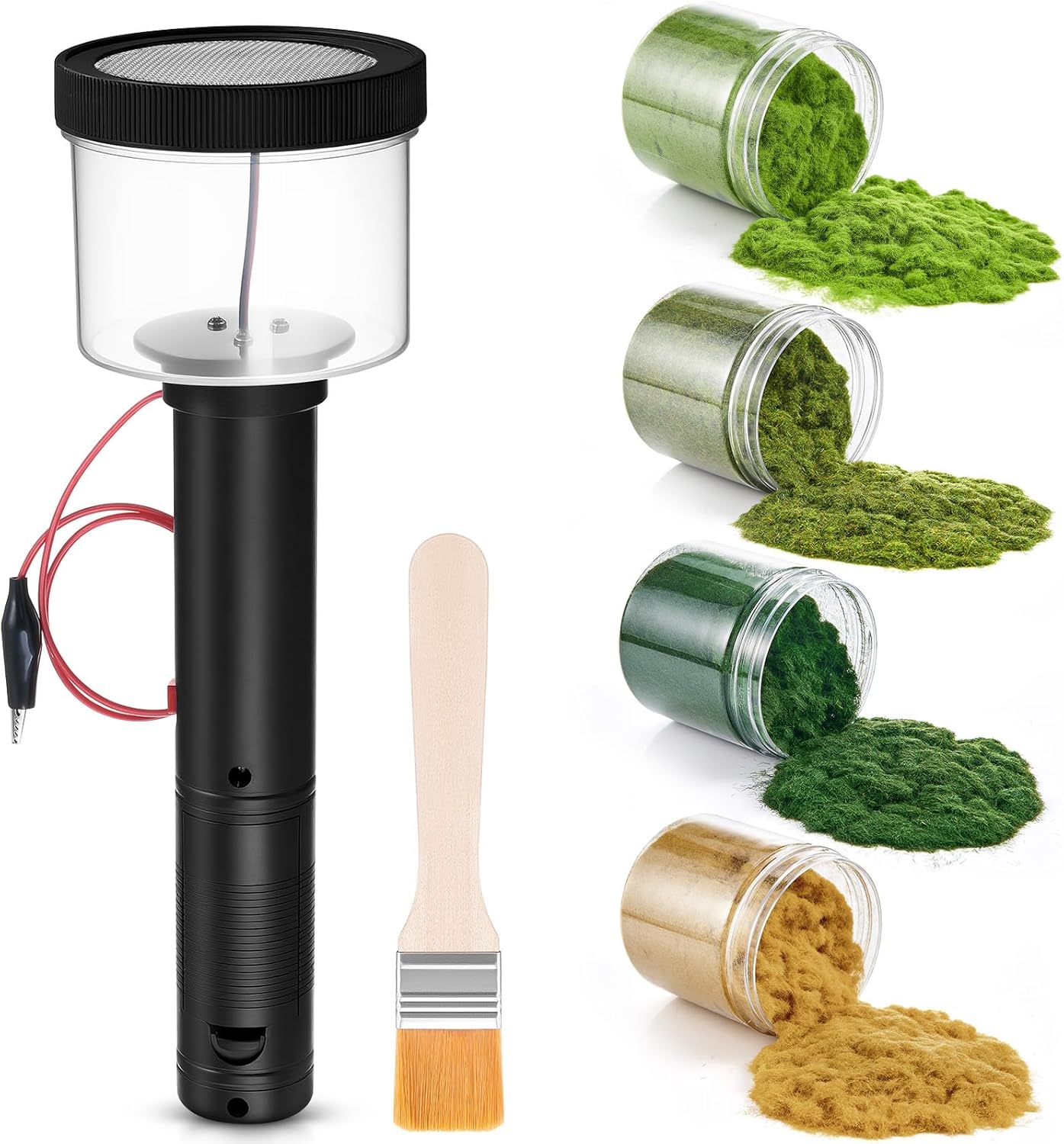 Tioncy Mini Static Grass Applicator Flocking Kit with Anti Slip Handle and 4 x 60g Colors Grass, Diorama Making Supplies, DIY Model Train Accessories Miniatures Landscape Craft (Straight Head)