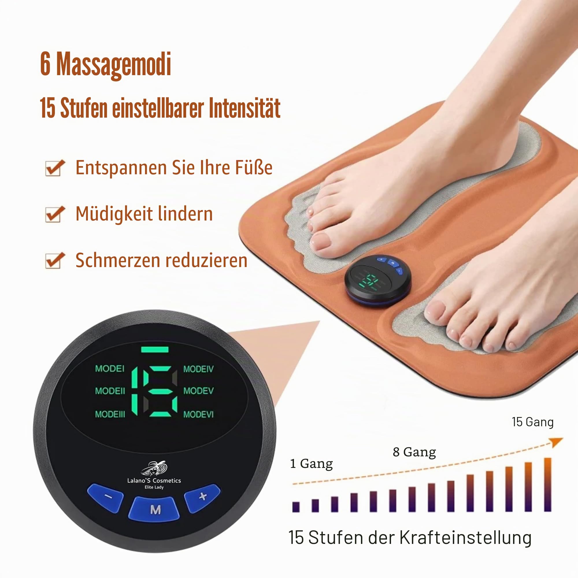 Lalano’S Cosmetics 3D Fußmassagematte – Fußmassagegerät mit niederfrequenten Impulsen, 6 Massageprogrammen & 15 Intensitätsstufen, fördert Durchblutung & Lymphfluss, kabellos, weich & faltbar