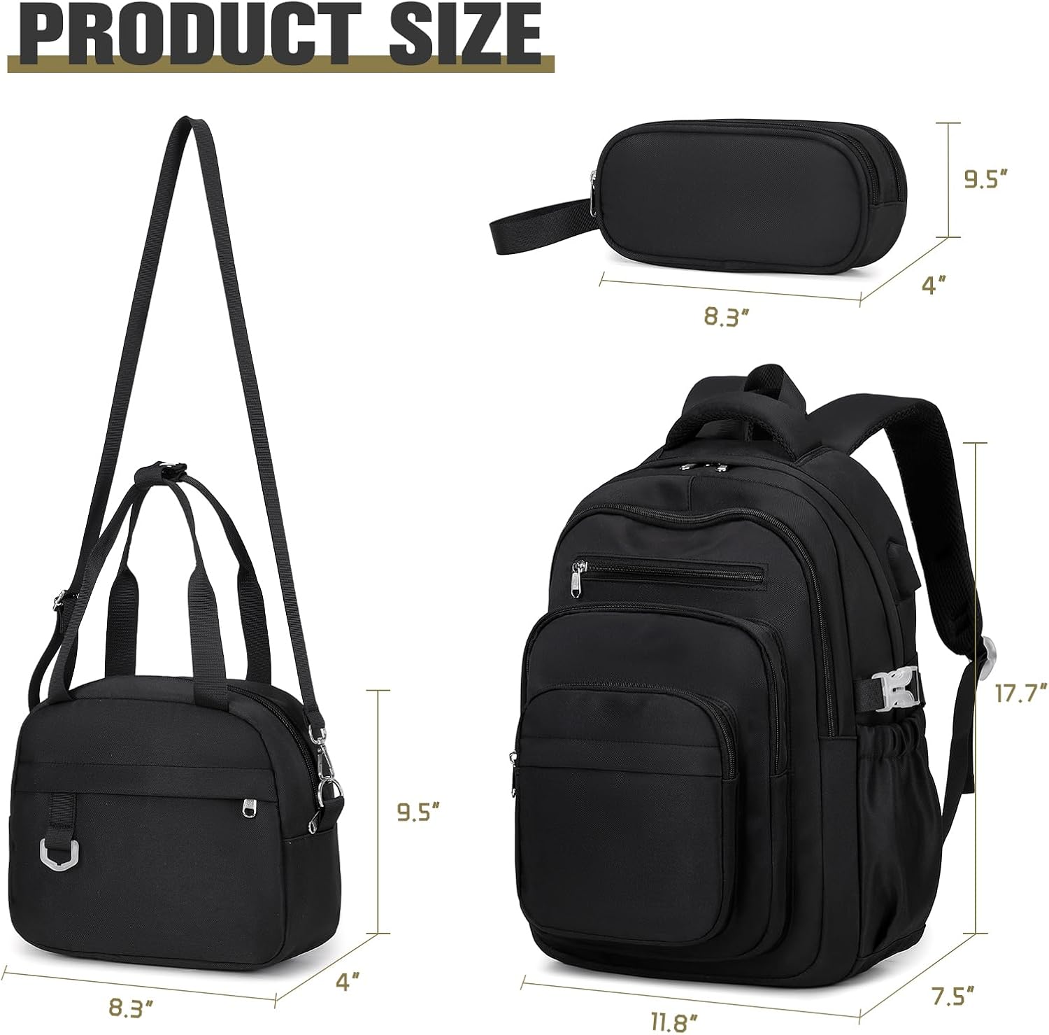 DIGOBAY Backpack for School Girls Boys, College Backpack with Lunch Bag Pencil Case for Teens Kids Elementary Middle High School, Casual Multi-Pocket Travel Daypack with USB Port for Women Men Black