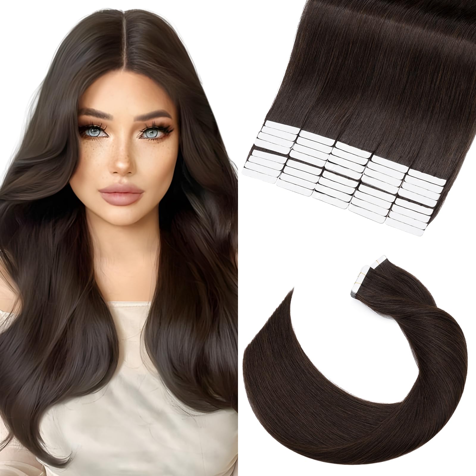 Elailite Tape in Hair Extensions Real Human Hair Brown 40 Pcs 100g