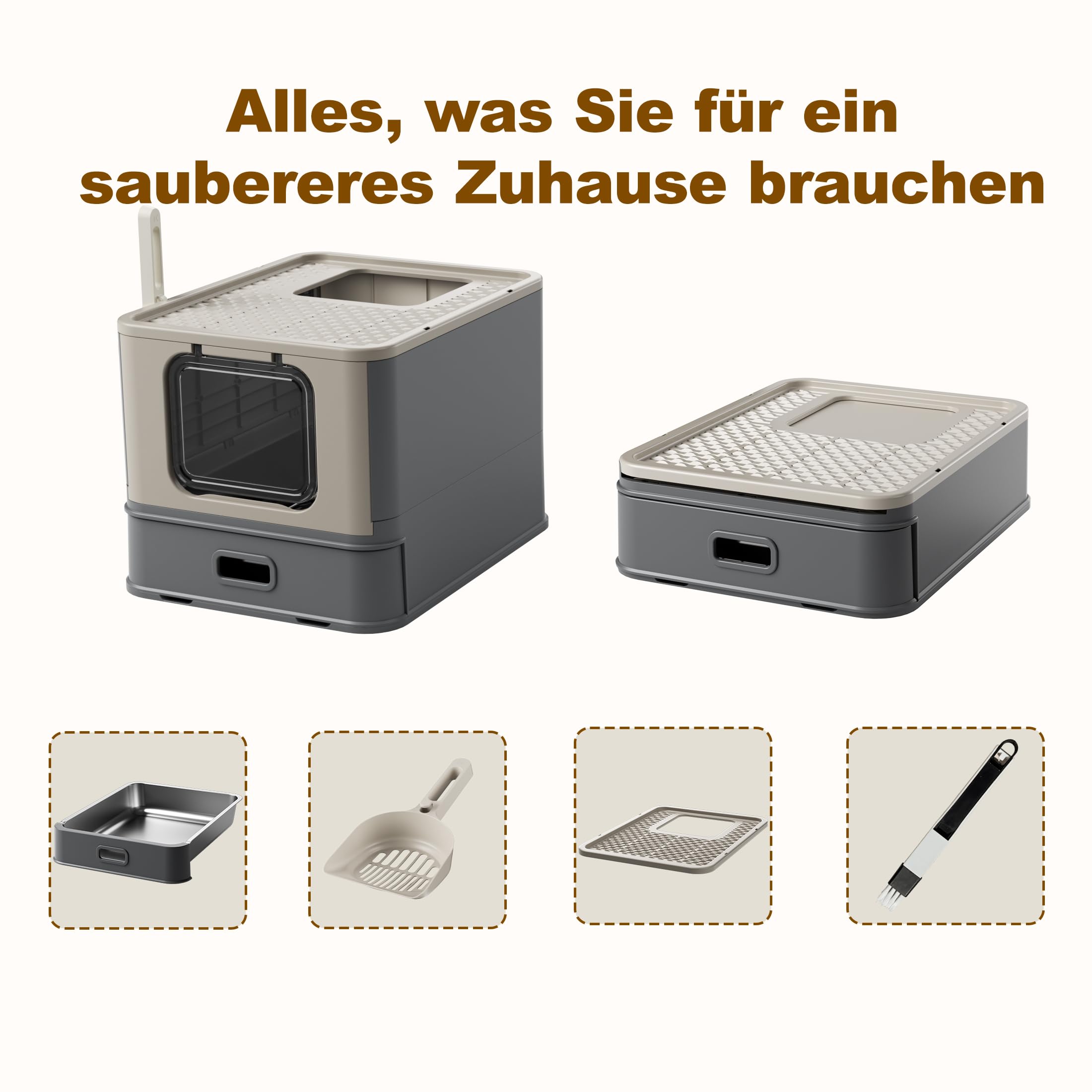 Pakeway Katzenklo aus Edelstahl Geschlossen mit 2 Einstiegsmöglichkeiten XXL Große Hygienische Katzentoilette Geruchsneutral Inklusive Schaufel und Matte Für Alle Rassen Platzsparend Faltbar auf 15 cm
