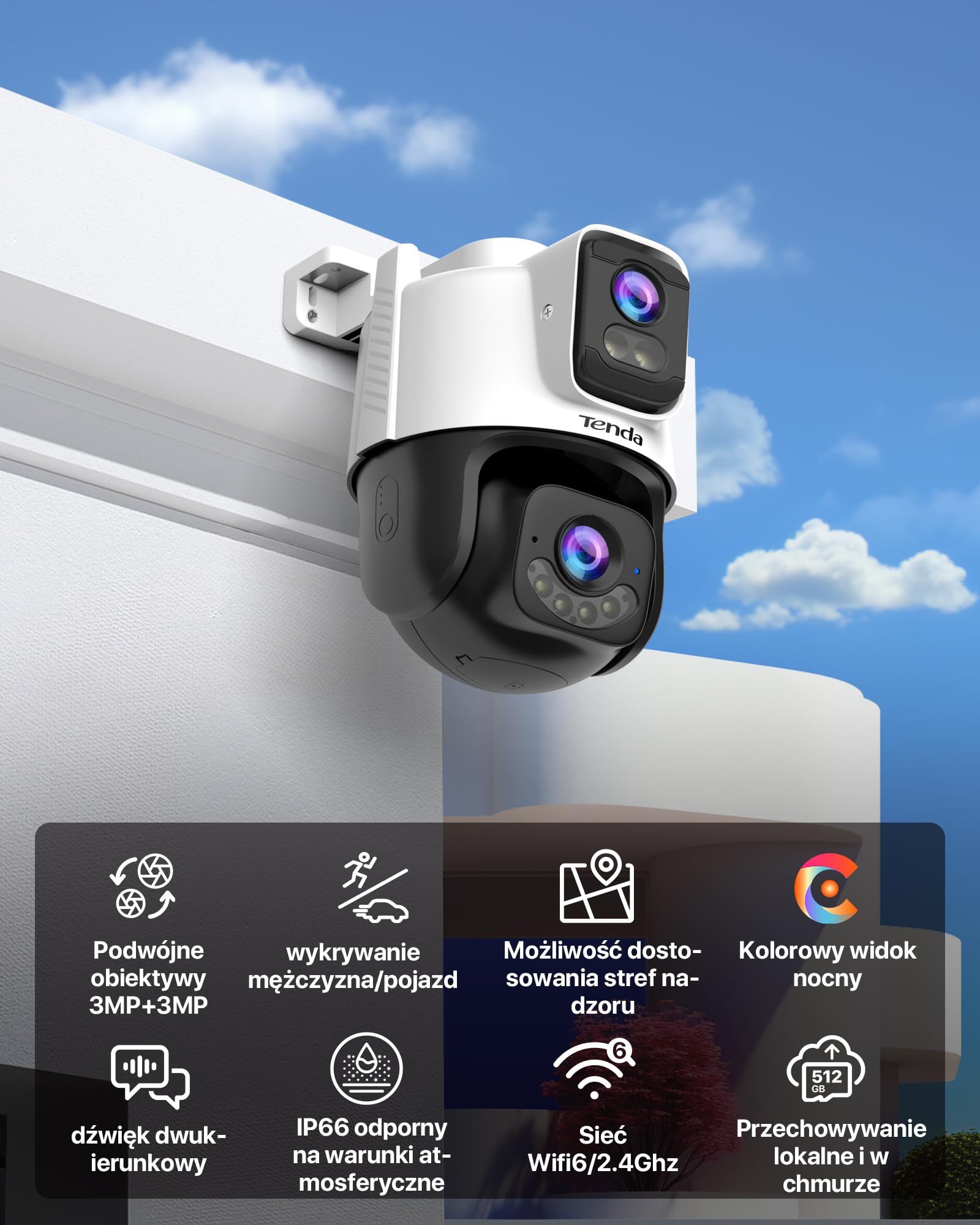 Tenda CH9 kamera do monitoringu zewnętrznego, 6 MP, podwójny obiektyw, zewnętrzna kamera monitorująca, IP66, bezpieczeństwa, automatyczne śledzenie, widoczność w nocy, 2 audio,