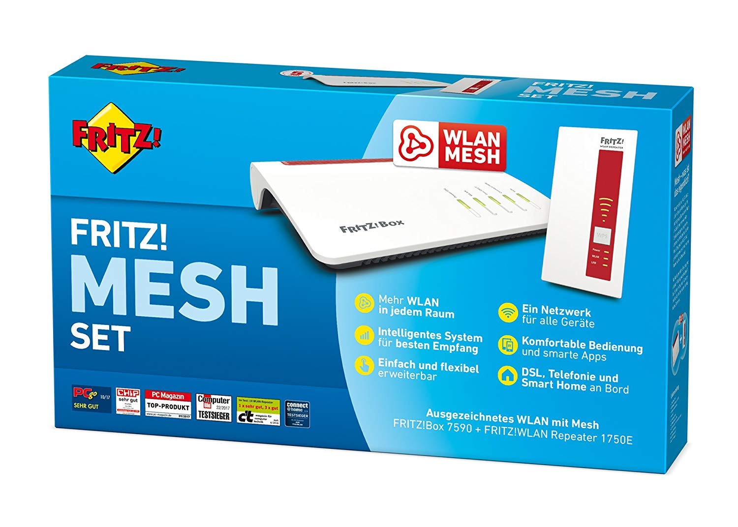 AVM FRITZ! Mesh Set (FRITZ!Box 7590 und WLAN Repeater 1750E, Dual-WLAN AC bis 1.733 MBit/s (5 GHz) und N bis 800 MBit/s (2,4 GHz), bis 300 Mbit/s durch VDSL-Supervectoring 35b, deutschspr. Version)