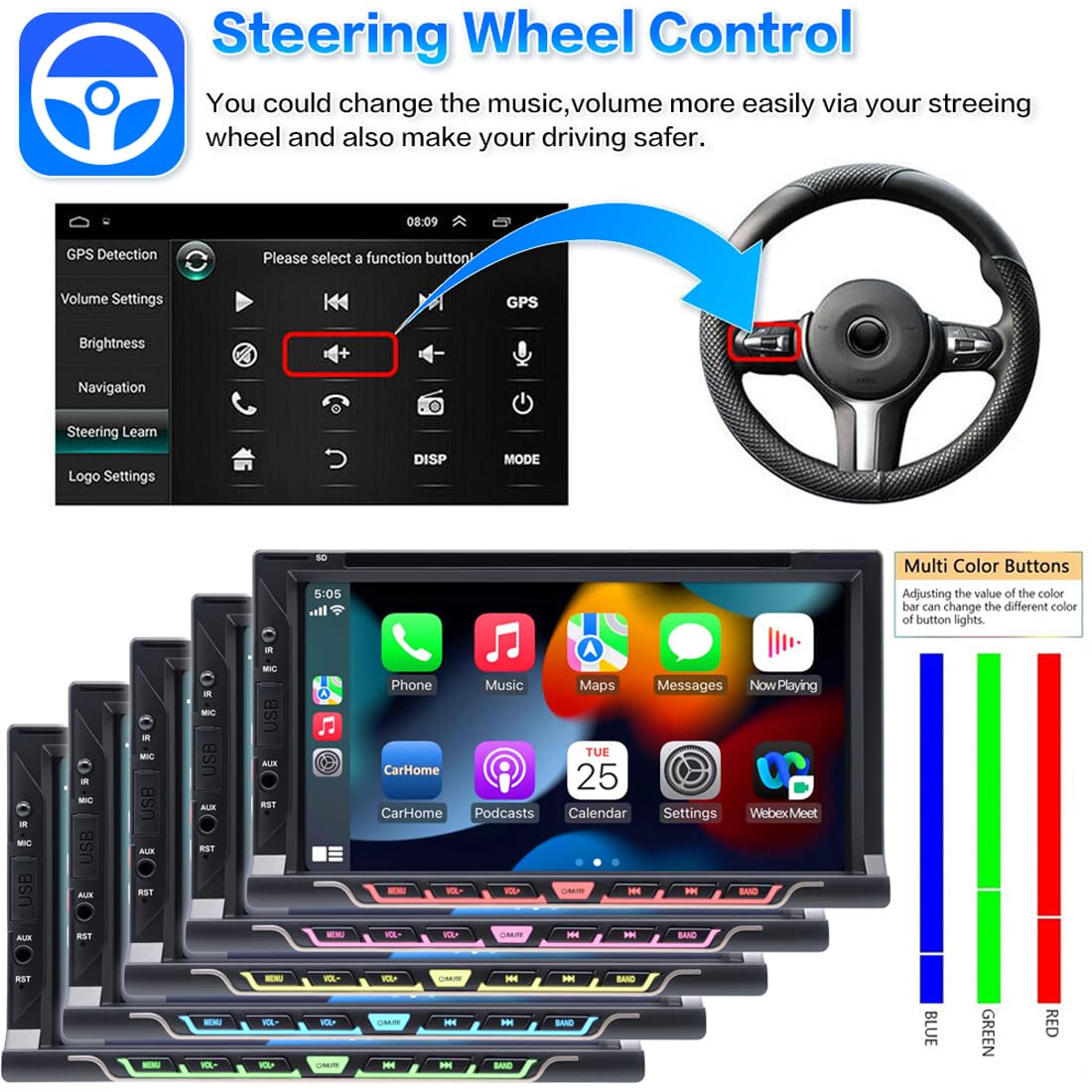 Autoradio Double Din de 7" pour CarPlay sans fil & Android Auto, récepteur lecteur CD/DVD pour voiture avec écran tactile, Bluetooth, caméra de recul, RDS/AM/FM,Mirror Link,Subwoofer,USB/AUX/SWC/DSP