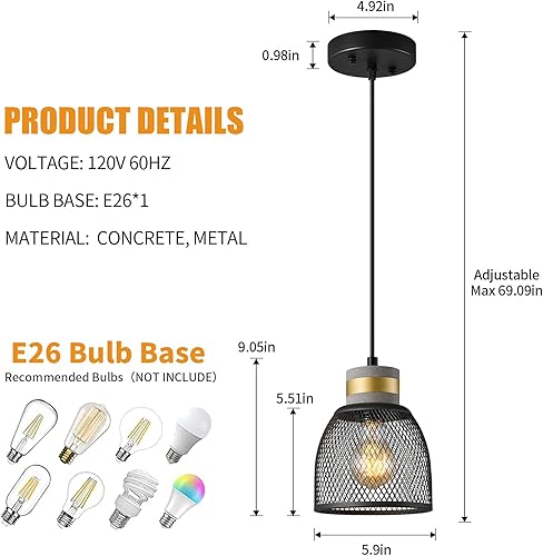 Miniatura 9 de Lámpara colgante industrial moderna con pantalla lineal de hormigón y metal negro, lámpara colgante negra para isla de cocina para dormitorio,