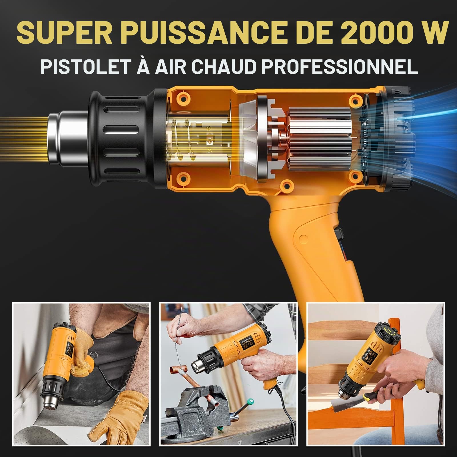 Décapeur Thermique Kit, SEEKONE Pistolet à Air Chaud 2000W avec Mallette à Outils, Réglable Température 50-600°C 190-500L/min, avec Protection de Surcharge, Noyau Chauffant en Céramique, 7 Accessoires