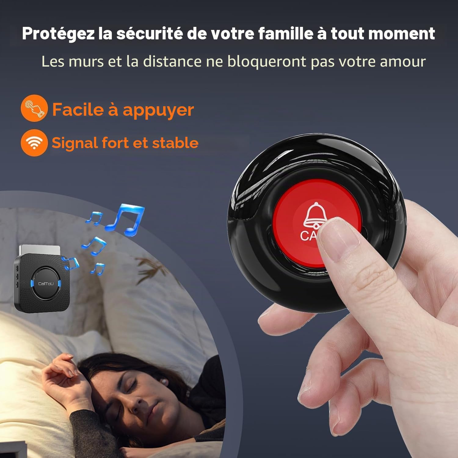 CallToU Bouton d'appel d'urgence Bouton d'appel sans Fil système d'alarme infirmière 500 + Pieds pour la Maison/Personnes âgées/Patients/handicapés (4 émetteur 2 récepteur)