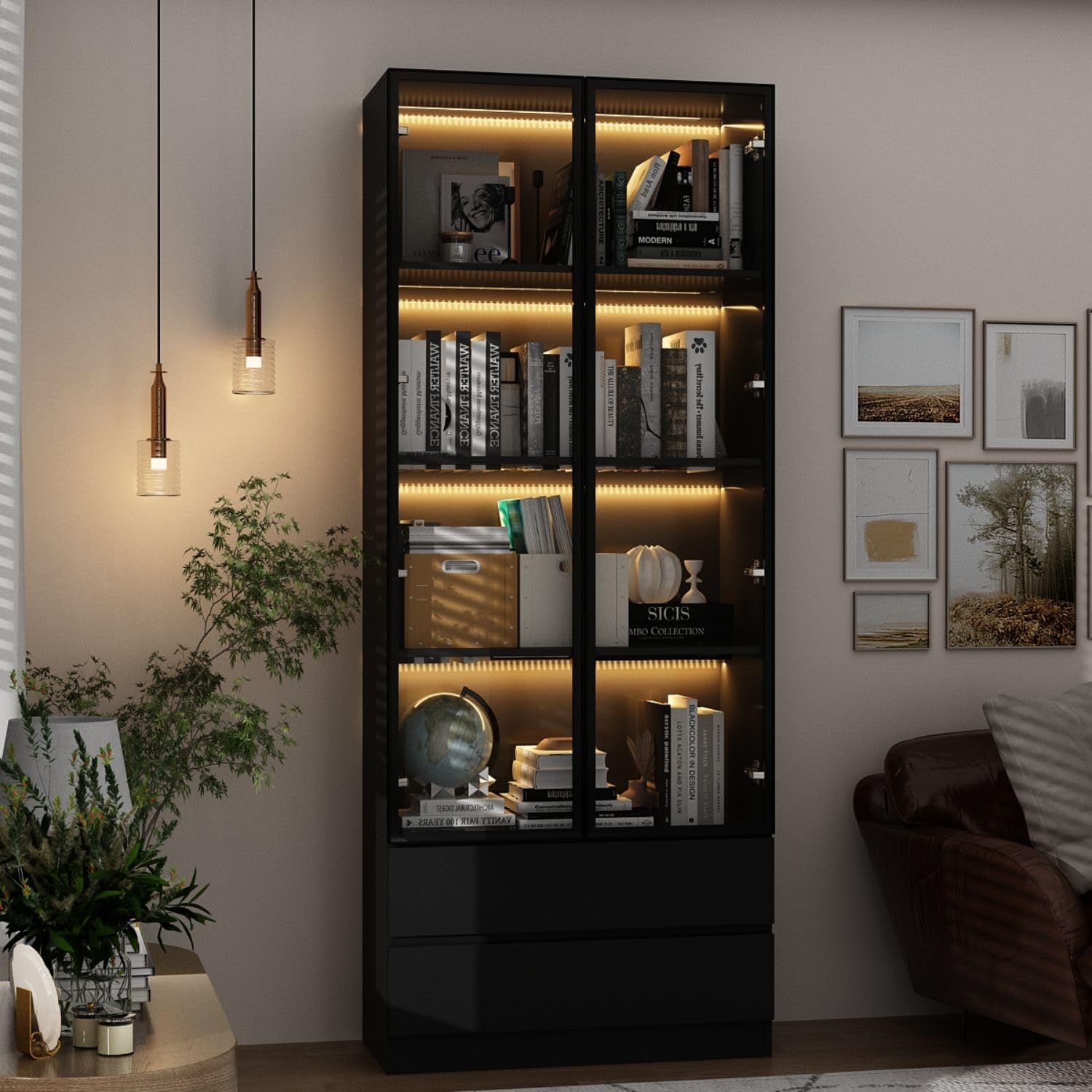 FAMAPY Display Cabinet with 2 Glass Doors and Lights, Display Case Cabinet with 4-Tier Storage Shelves and 2 Drawers, Pop-up Design, for Collectibles, Black (31.5”W x 14.2”D x 78.7”H)