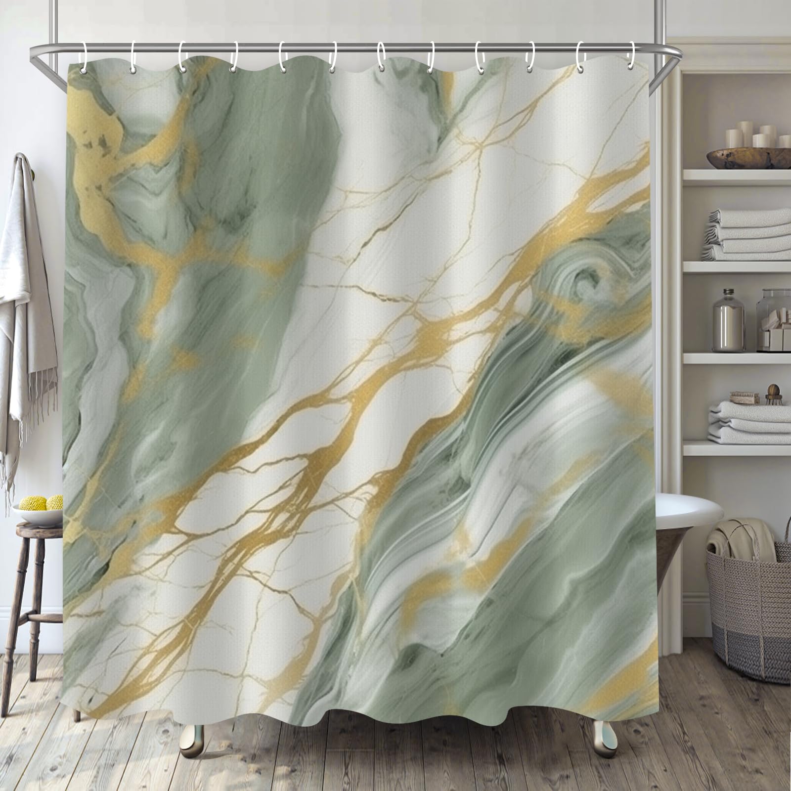 TIYAANDSY Green Gold Shower Curtain for Bathroom, Sage White Light Green Luxury Boho Shower Curtain Set, Marble Texture Fabric Modern Waterproof