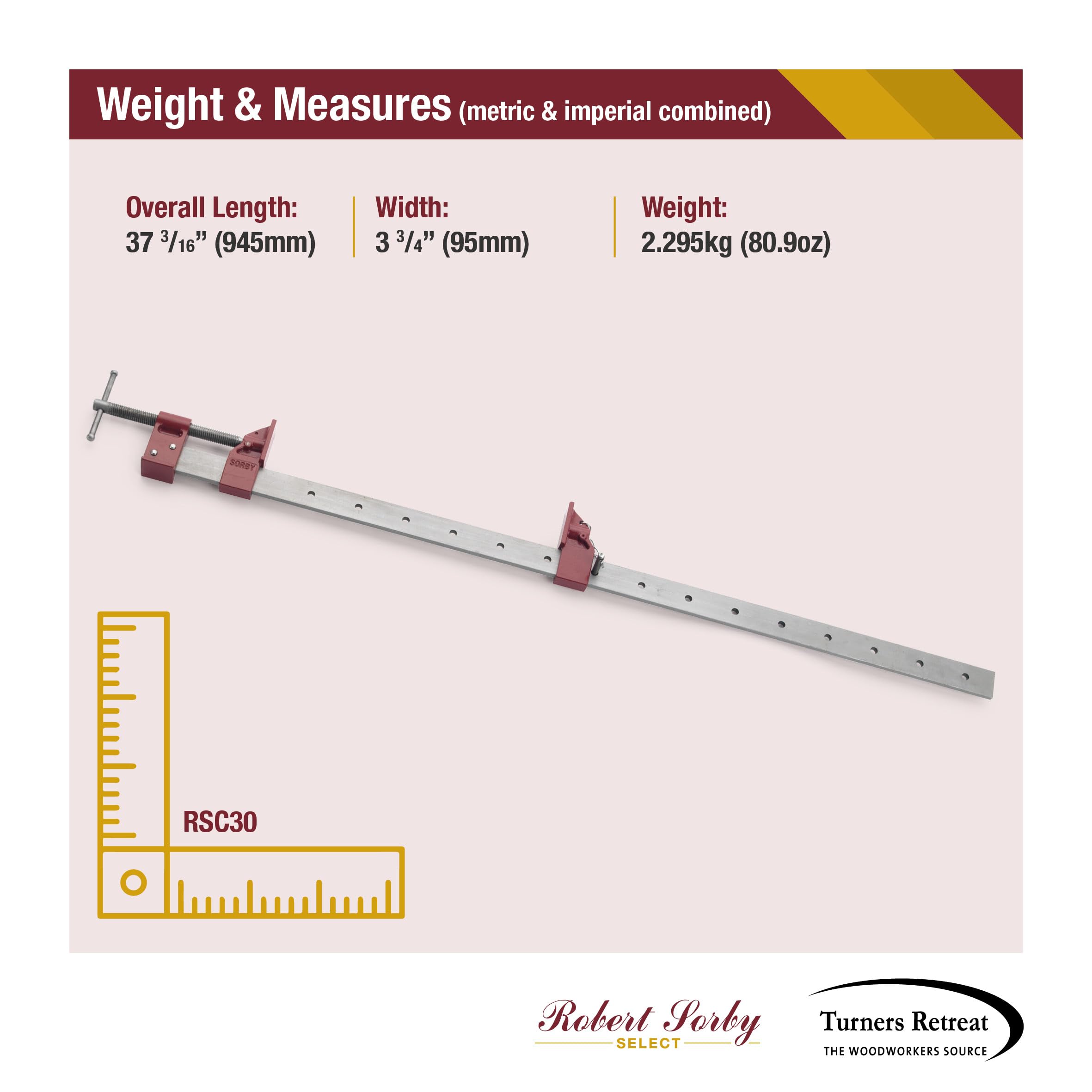 Robert Sorby Select ścisk stolarski 762 mm 30", zacisk równoległy do obróbki drewna, stalowy drążek, siła napinająca 500 kg, gwint Acme, zacisk do budowy mebli i klejenia