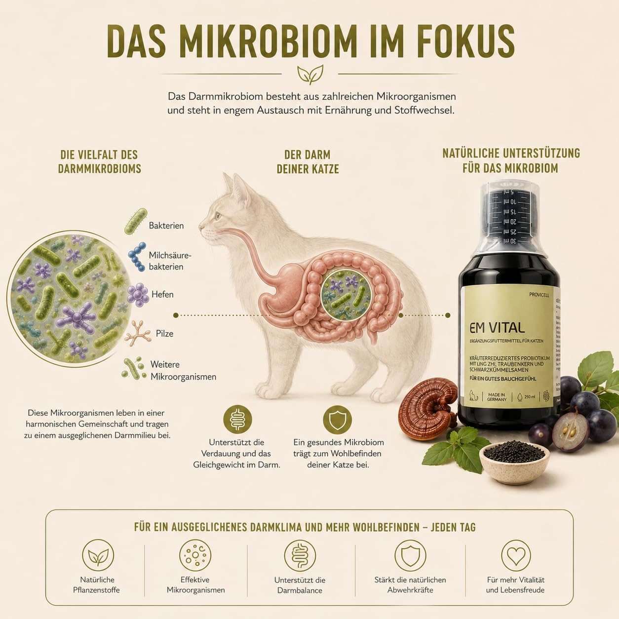 EM Vital Katze 250 ml - Premium Probiotika für Katzen Flüssig – zur Unterstützung der Darmflora – Fermentierte Pflanzenstoffe mit Mikroorganismen – Ohne Zusatzstoffe - Made in Germany