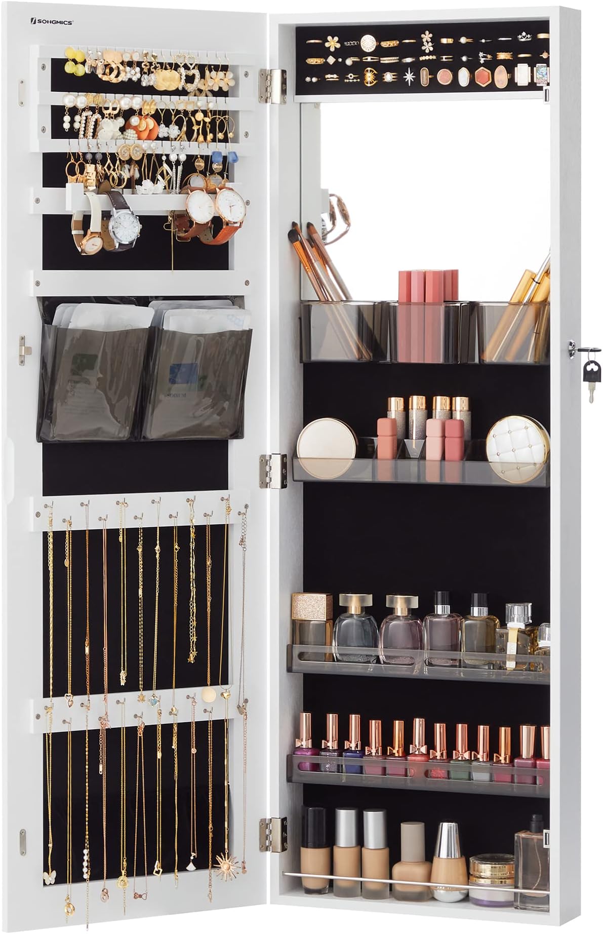 SONGMICS Jewelry Cabinet Armoire with Mirror, Wall or Door Mount Storage Organizer with Full-Length Frameless Mirror, Lockable Cabinet with Built-in Small Mirror, Chirstmas Gifts, White UJJC003W01