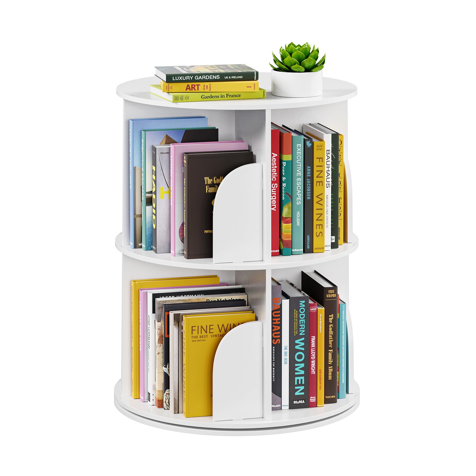 SpaceAid 2 Tier Rotating Bookshelf Tower, Spinning Bookcase Lazy Susan, Revolving 360 Book Shelf Storage Round Carousel, Vertical Rotate Turning Spiral Corner Organizer, White