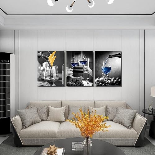 Miniatura 2 de GOOSLA Decoración de pared de cocina, arte de pared de copa de vino, fácil de colgar, lienzo de alta definición, amarillo y azul, imágenes
