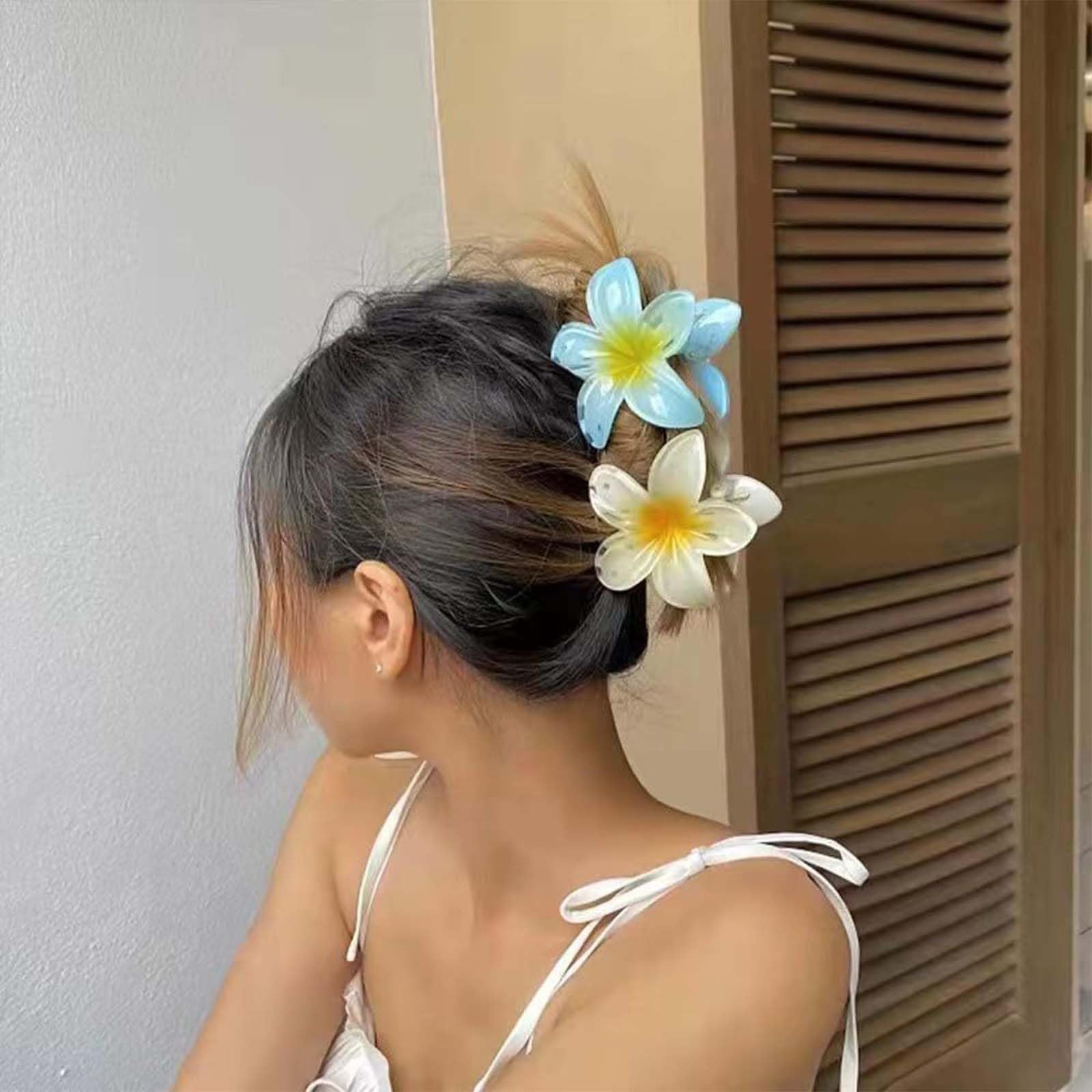 Enautoabs Large Flower Hair Claw Hairclip Hawaiian Plumeria Hairclip Claw Summer Beach Tropical Hair Barrette Cute Acrylic Flower Claw Clip Jaw Clamp Decorative Hair Accessories(Blue&Green) - Image 2