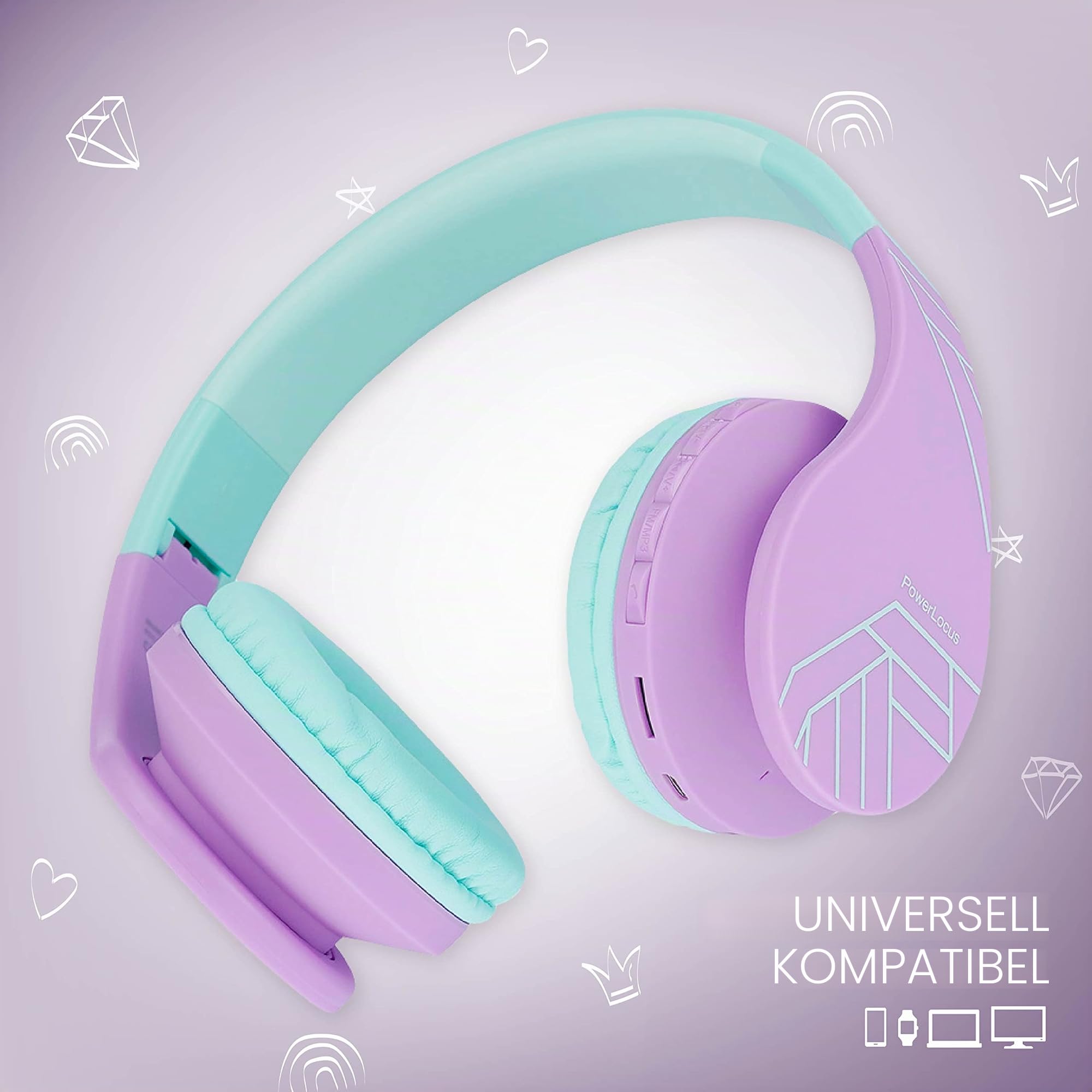 PowerLocus Bluetooth Kopfhörer Kinder, Kinderkopfhörer Over-Ear mit 85dB Lautstärkebegrenzung, Faltbar, Bluetooth 5.3, Micro SD, Kabellos und Kabel, Eingebautes Mikrofon für Handy/Tablet/Reise
