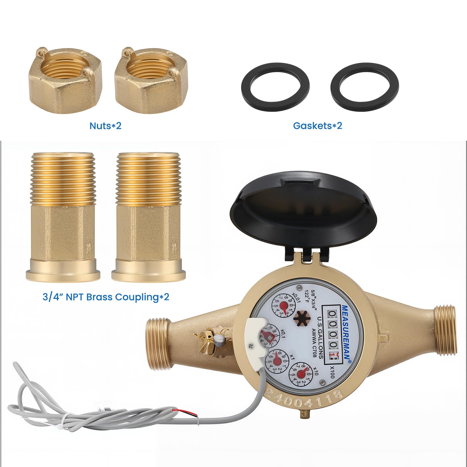 MEASUREMAN Compteur d'eau pulsé multi-jet de 1,9 cm, construction en laiton durable, haute précision pour systèmes d'eau froide, compatible avec les solutions de surveillance industrielles