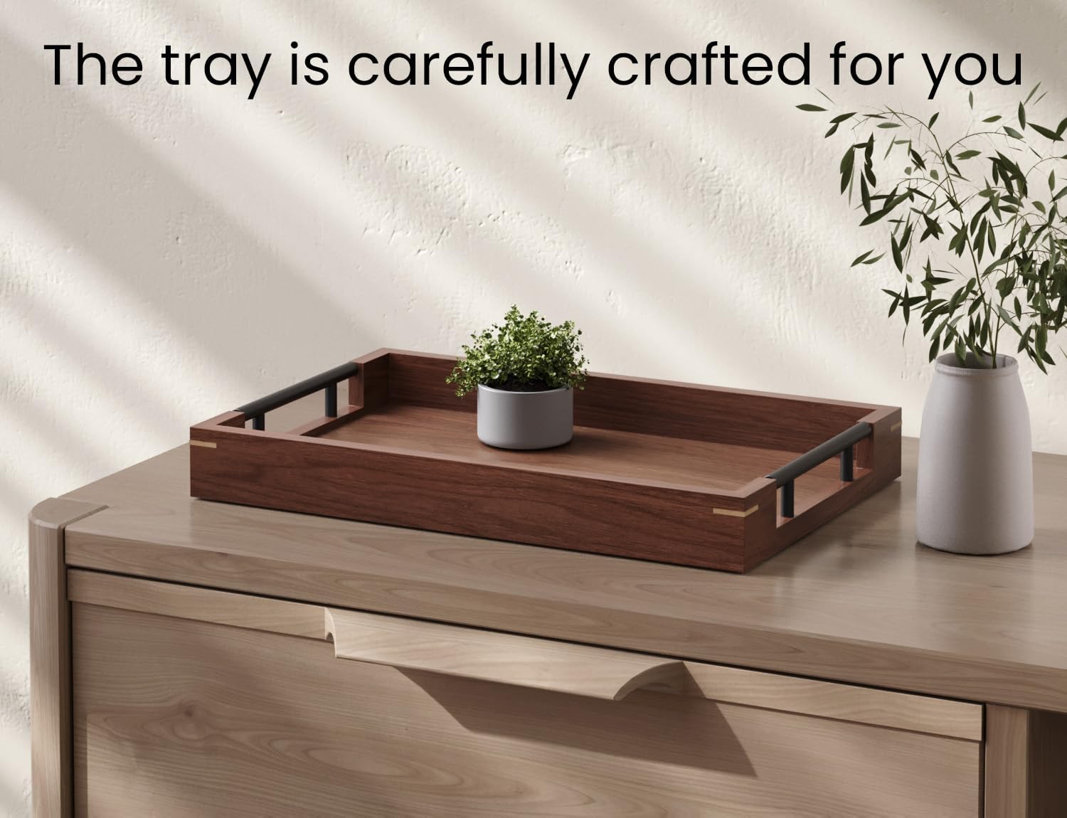 Fibogollo Walnut Wood Serving Tray with Metal Handles,15x10in Ottoman Decorative Trays Platter for Coffee Table,Living Room,Bar(Medium)