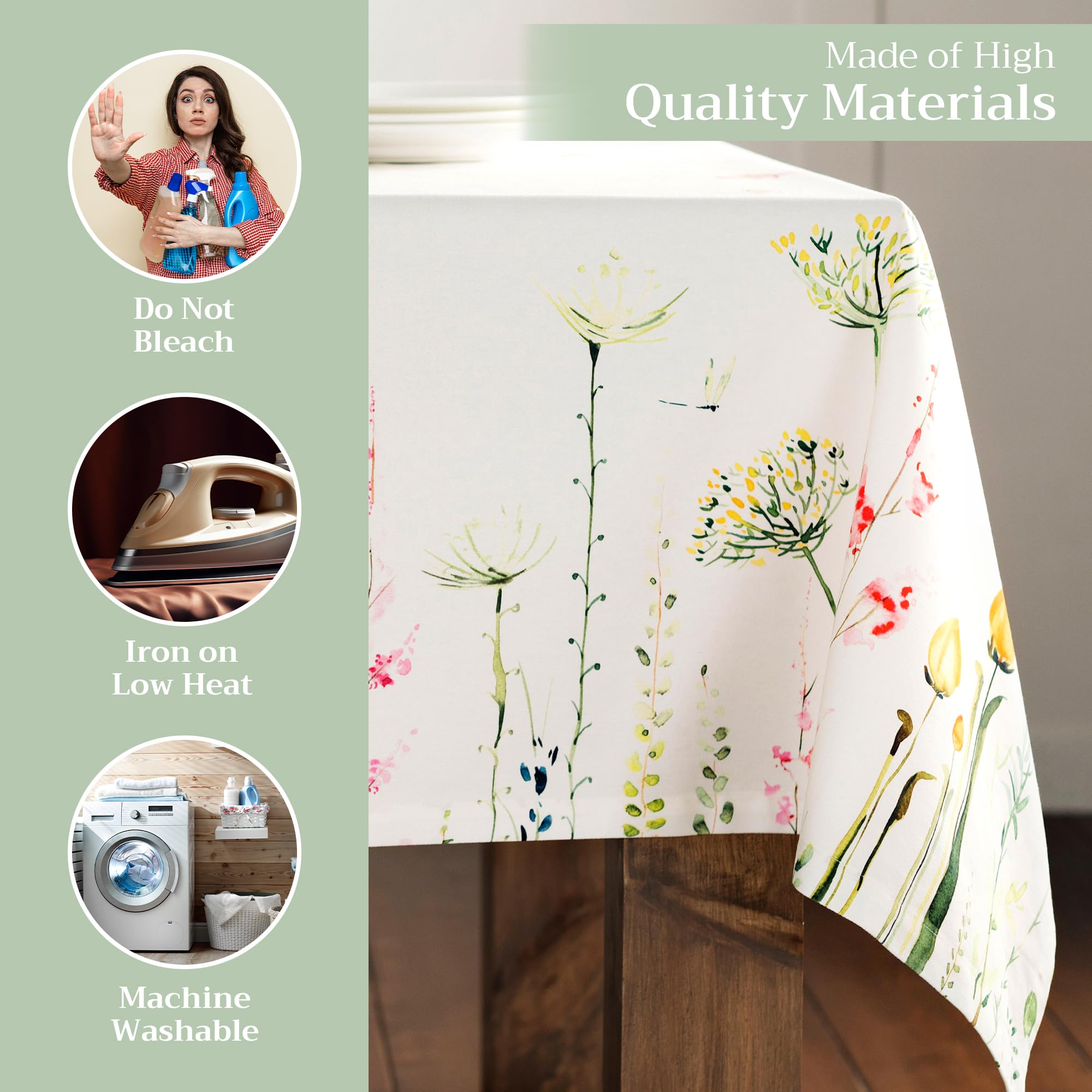 Maison D'Hermine Tischdecke Aus 100% Baumwolle, Quadratisch 137x137 Cm, Wiesenblumen-Design In Beige – Für Esszimmer, Party & Bauernhaus-Stil
