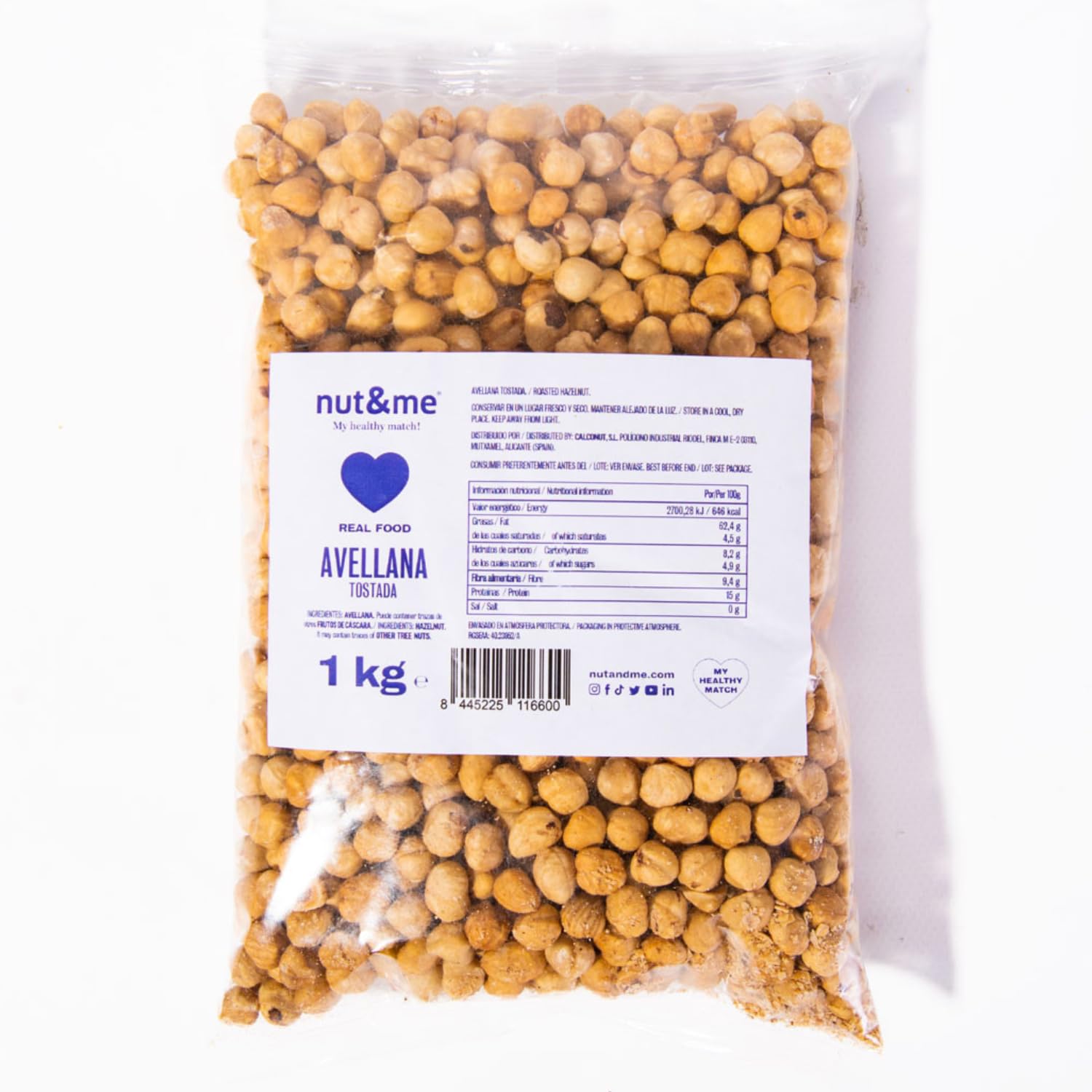 Avellana tostada repelada 1 kg nut&me | Sin sal | Keto| Sin gluten, sin aditivos | Sin OGM | 100% natural | Vegano |