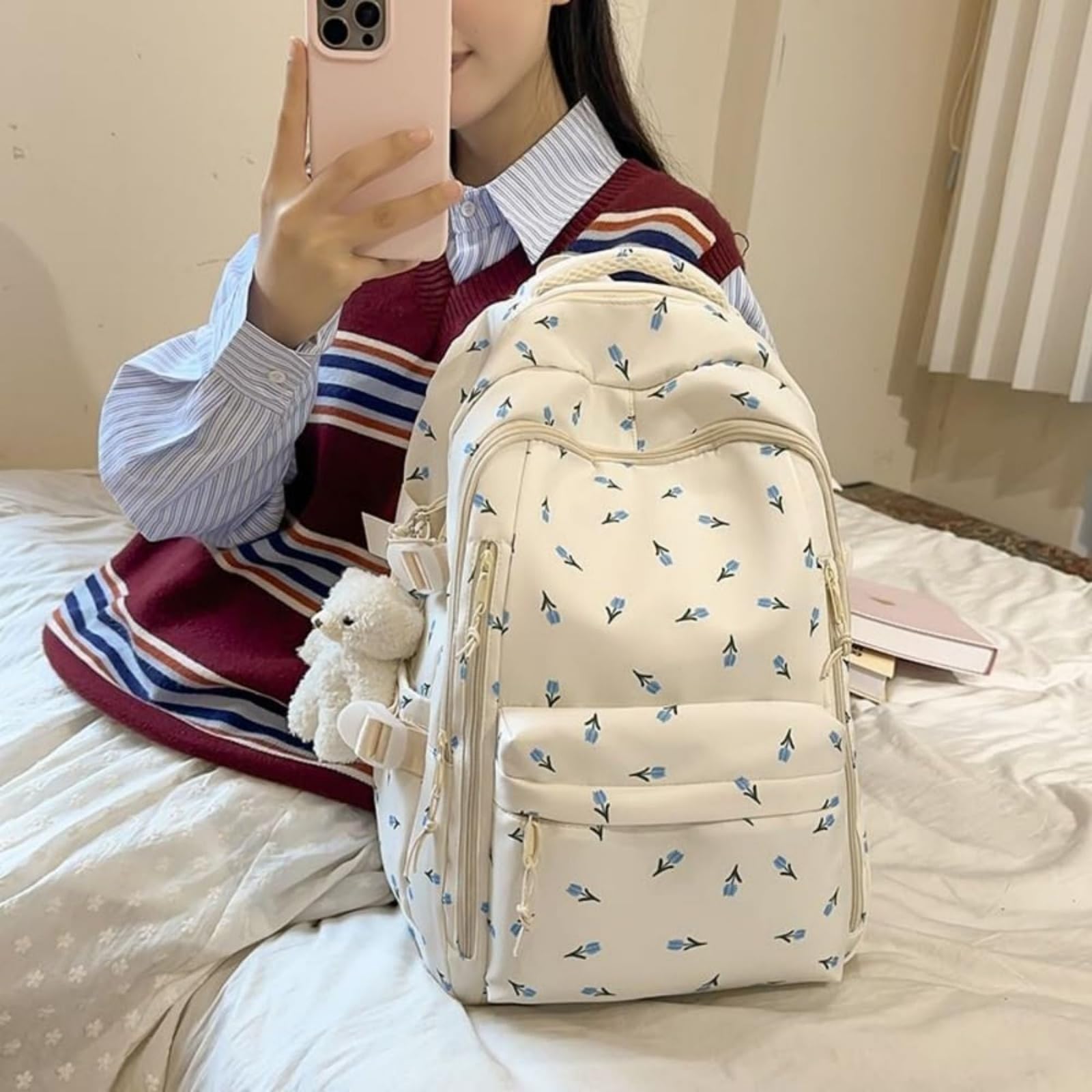 Mochila escolar Zaino per Studenti in Nylon A Stampa di Ciliegia, da Giorno Preppy Grande capacità con Pendente Viaggi Scolastici