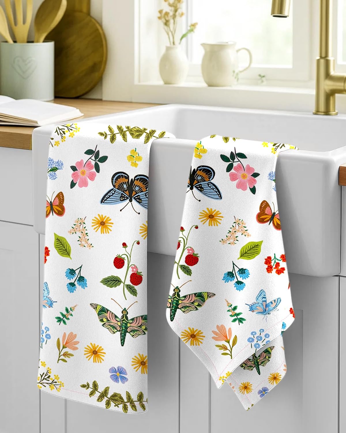 Flour Sack Kitchen Towels Set of 2-18x26 Cotton Dish Towels with Hanging Loop Reusable Tea Towel for Cleaning Spring Absorbent Dishcloths Cute Home Decor Housewarming, Butterfly Garden - Image 2