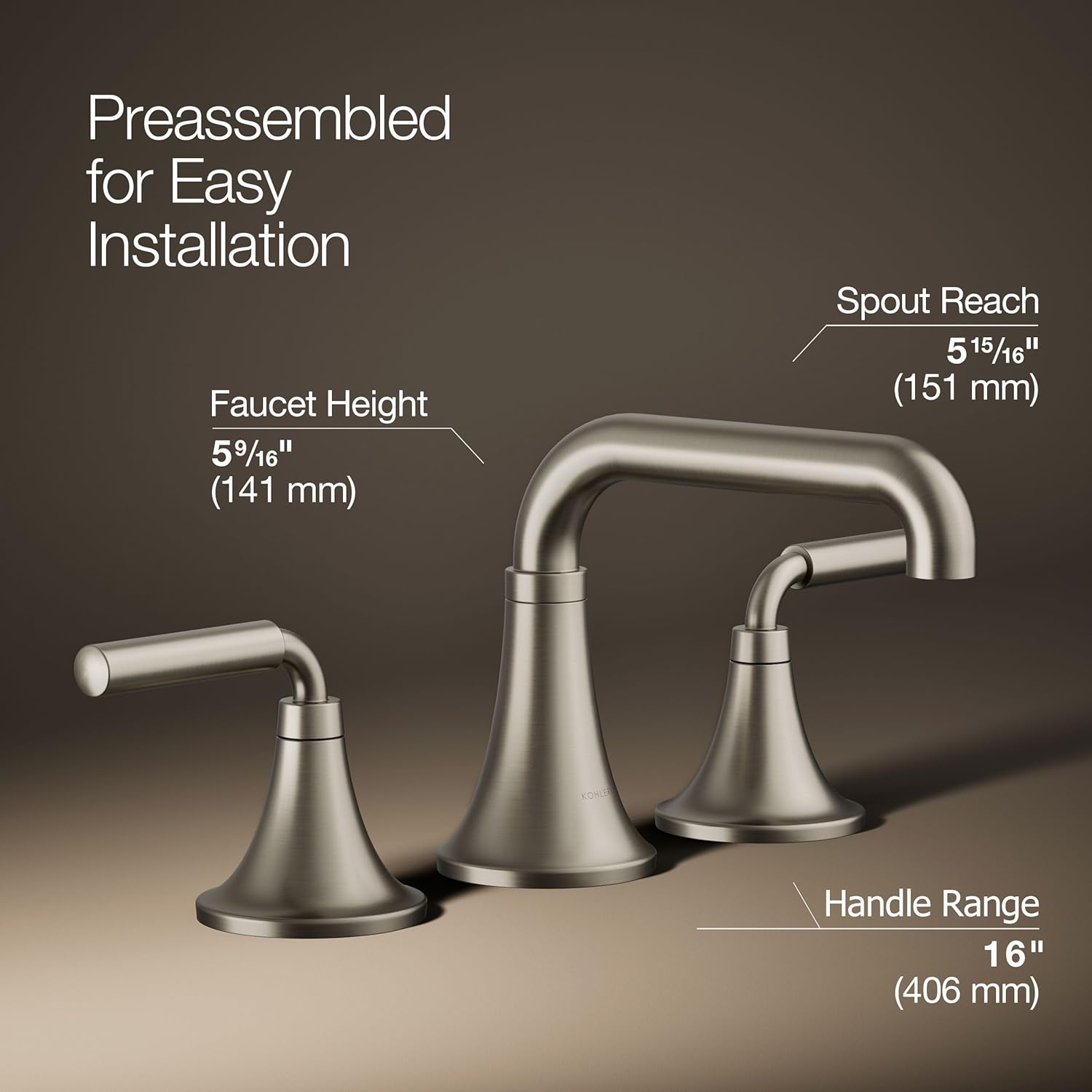 Diagram showing faucet dimensions: Faucet Height 5-9/16 inches (141 mm), Spout Reach 5-15/16 inches (151 mm), Handle Range 16 inches (406 mm).