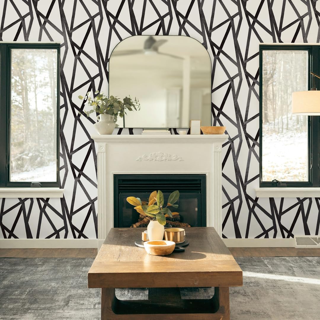 Tempaper x Genevieve Gorder Metallic Black on White Intersections Removable Peel and Stick Wallpaper, 20.5 in X 16.5 ft, Made in The USA