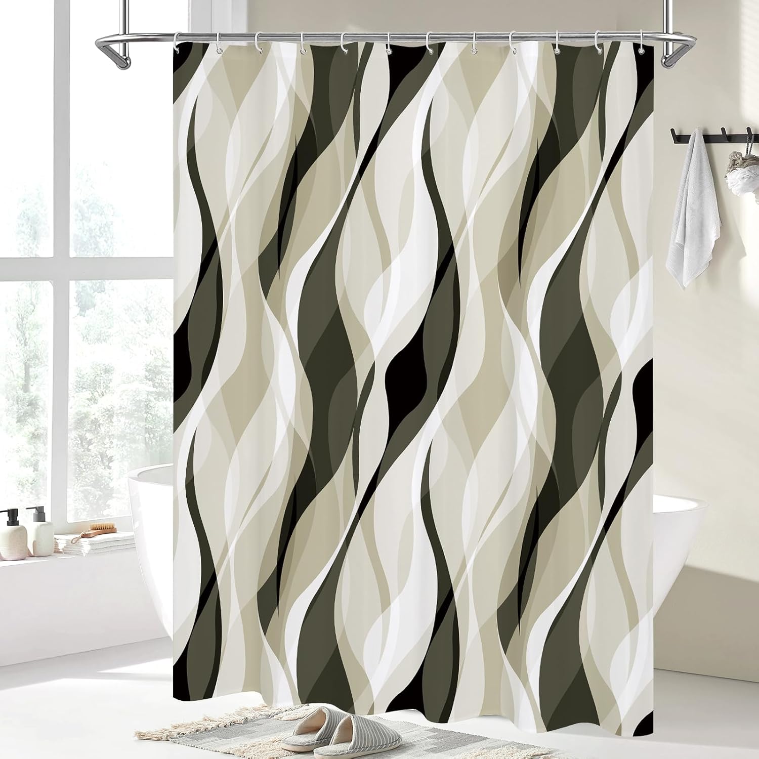 Litabel Ivory Black Wavy Ombre Shower Curtain with Luxury Striped Design, Waterproof Quick-Dry Fabric, Modern Abstract Bathroom Curtain Set with 12 Hooks, 72x72 Inches
