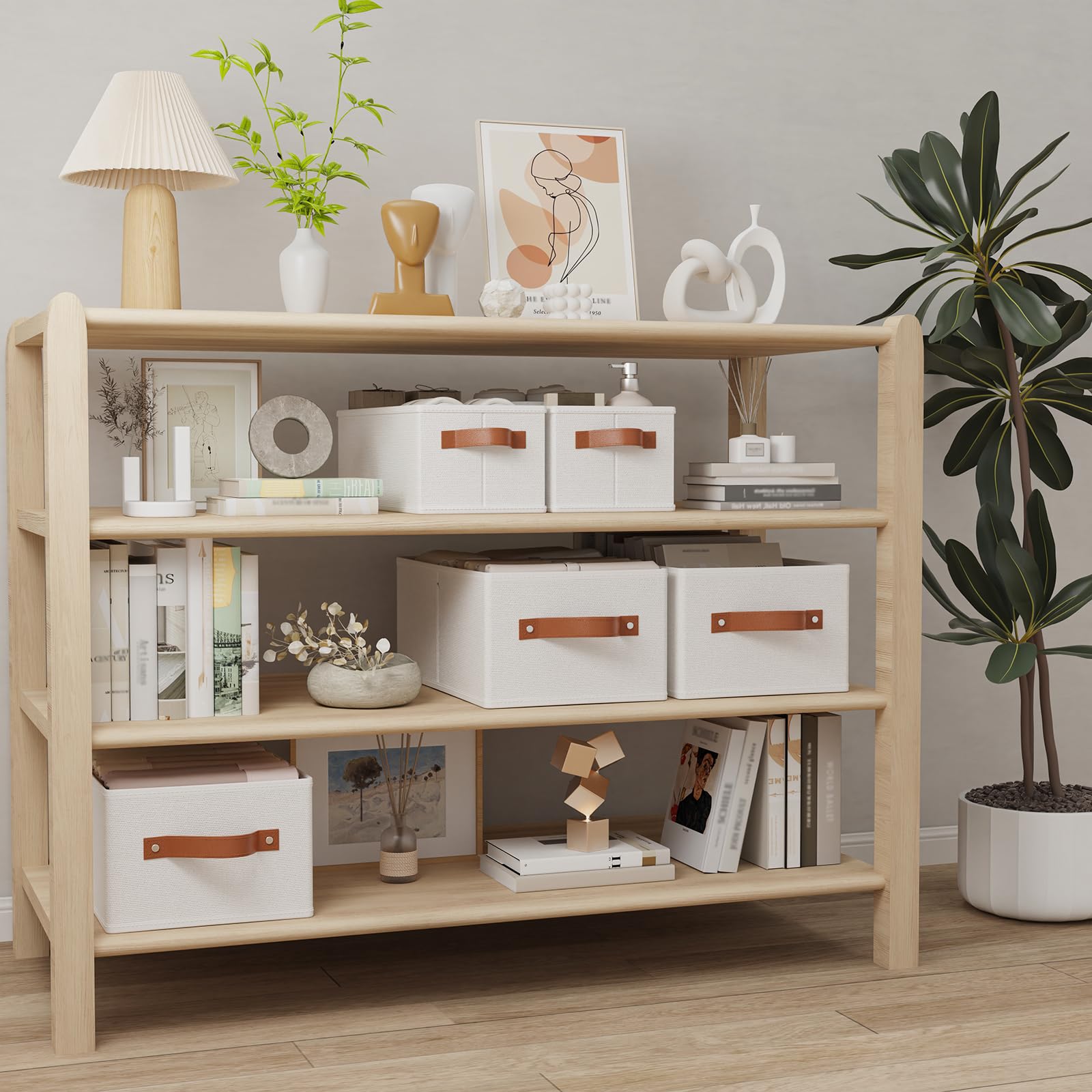 OUTBROS 6 Pack Paniers Rangement Tissu avec Poignée, 38x15.5x13cm, Blanc | Boite Rangement Vetement en non tissé et PP plaque, Pliable Casiers Pour Armoire, Vêtements, Livres, Cosmétiques