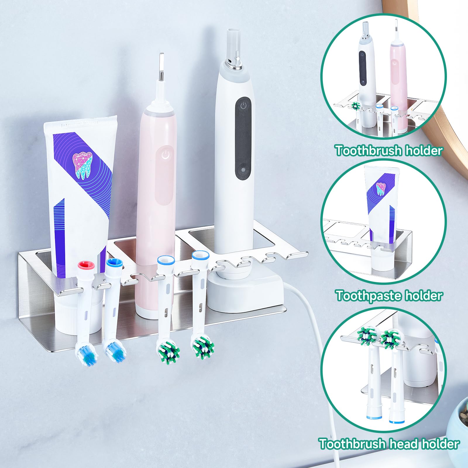Soporte para cepillo de dientes de acero inoxidable, 3 compartimentos, montaje en pared, soporte para cabezal de cepillo de dientes eléctrico, color plateado