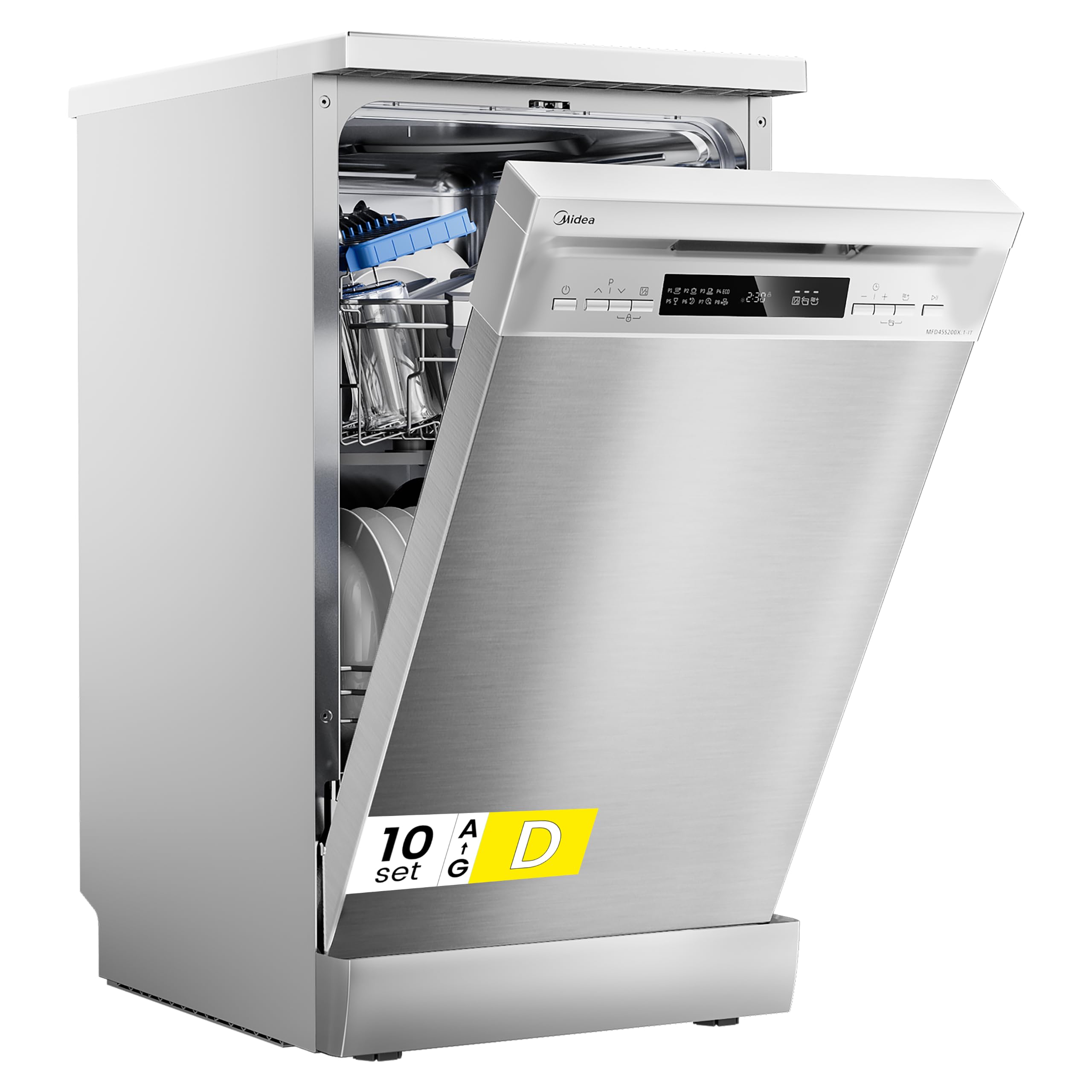 Midea MFD45S200X.1-IT Geschirrspüler, freistehend, mit 10 Decken, 8 Programme, LED-Display, Startvorwahl, Halblastfunktion, extra Trocknung, Edelstahl