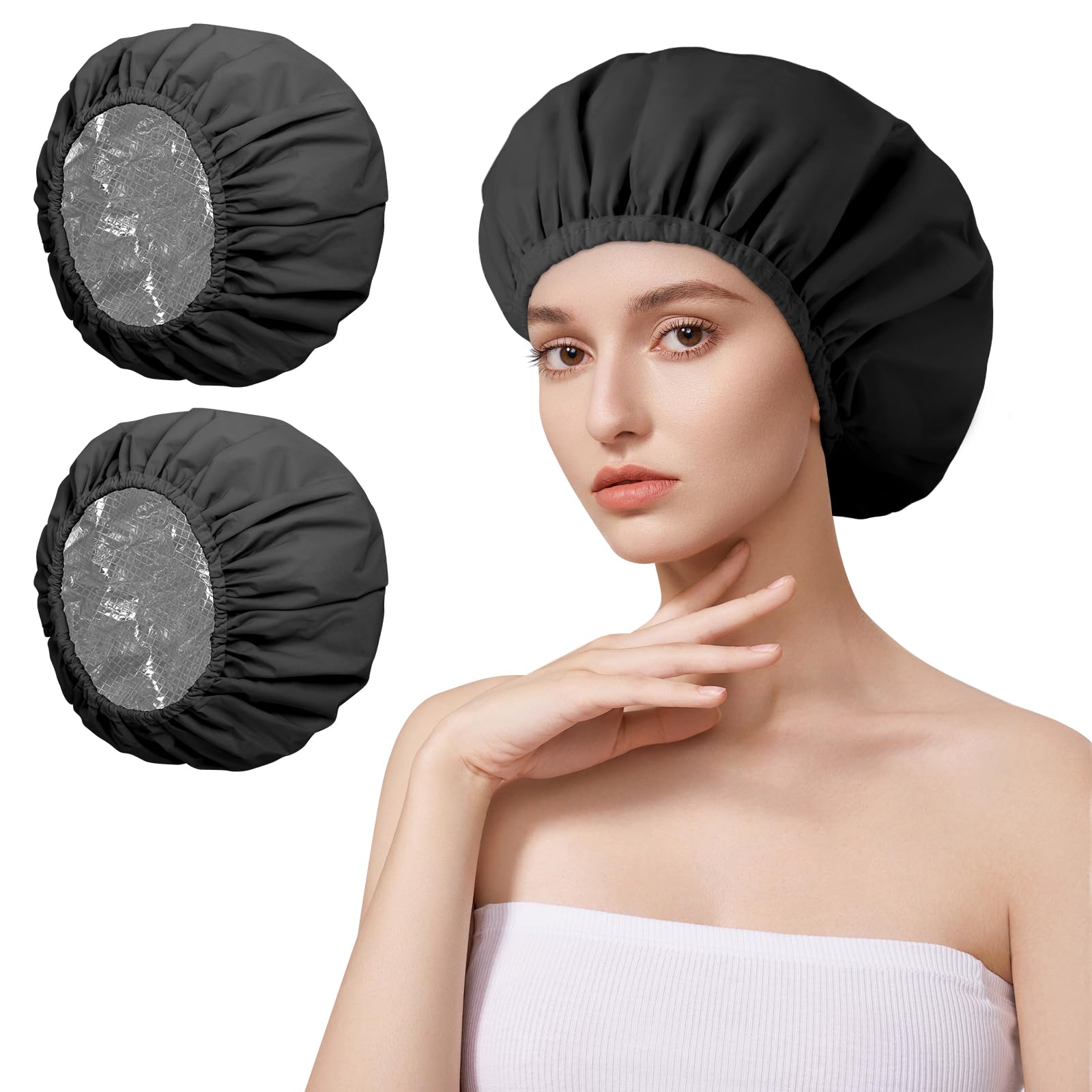 2 PCS Gorro Ducha Aislamiento térmico, Doble Gorro Tratamiento Cabello, Gorro de Ducha, Reutilizable Gorro peluquería para Cabello de Tratamientos, Hidratación, Teñir el Cabello, Duchas (Negro)