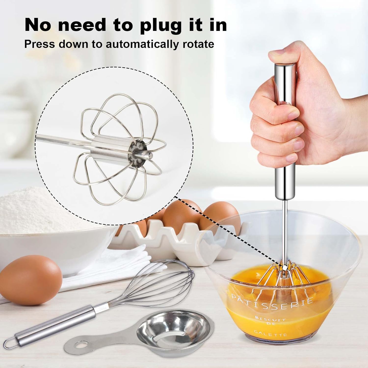 3 Pieces Semi-Automatic Kitchen Whisk, Manual Stainless Steel Egg Whisk, Manual Push Rotary Whisk, Egg White Filter for Whipping Eggs, Mixing Cream